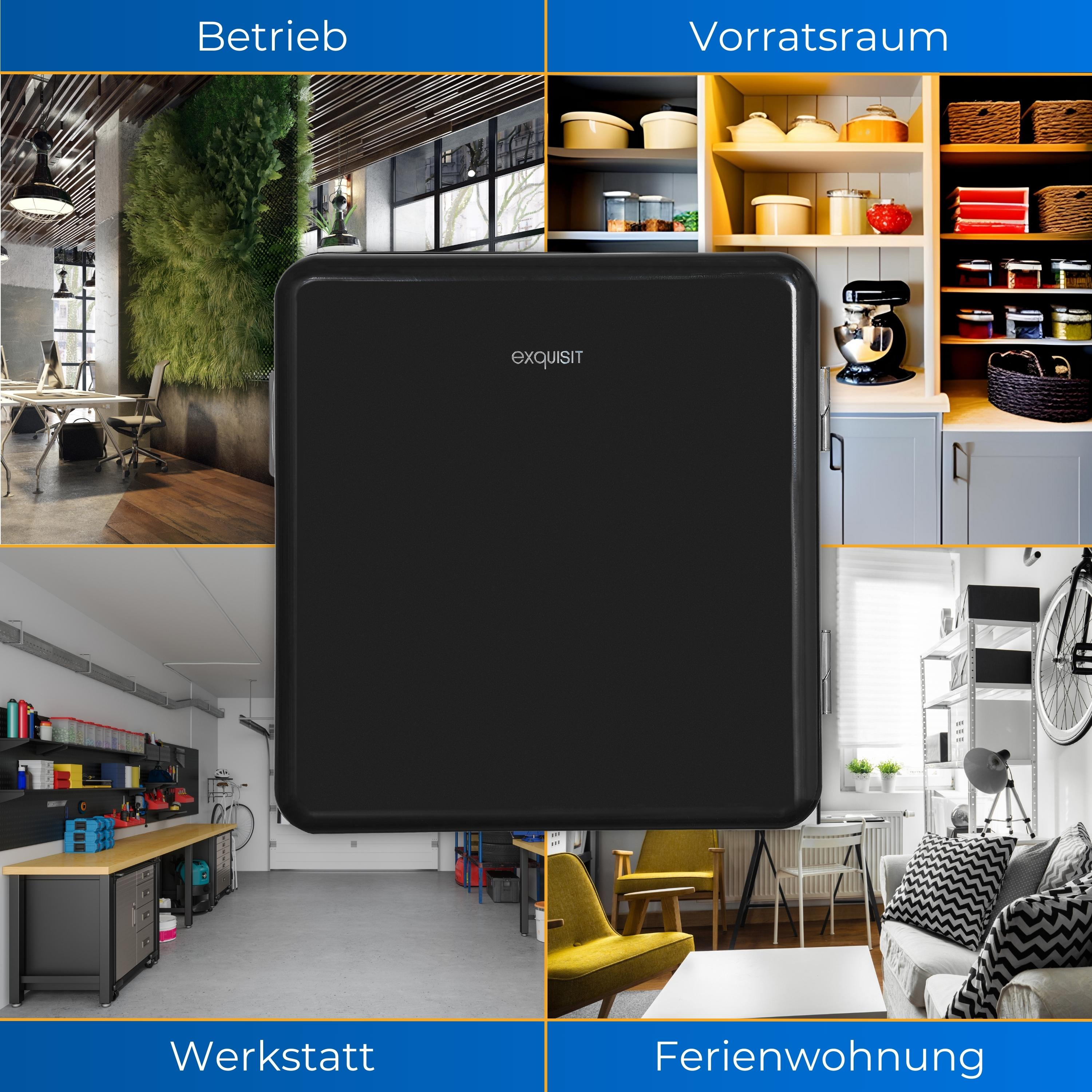 Vier Bilder: Büro, Speisekammer, Werkstatt und Apartment. Jedes mit einem anderen Interieur.