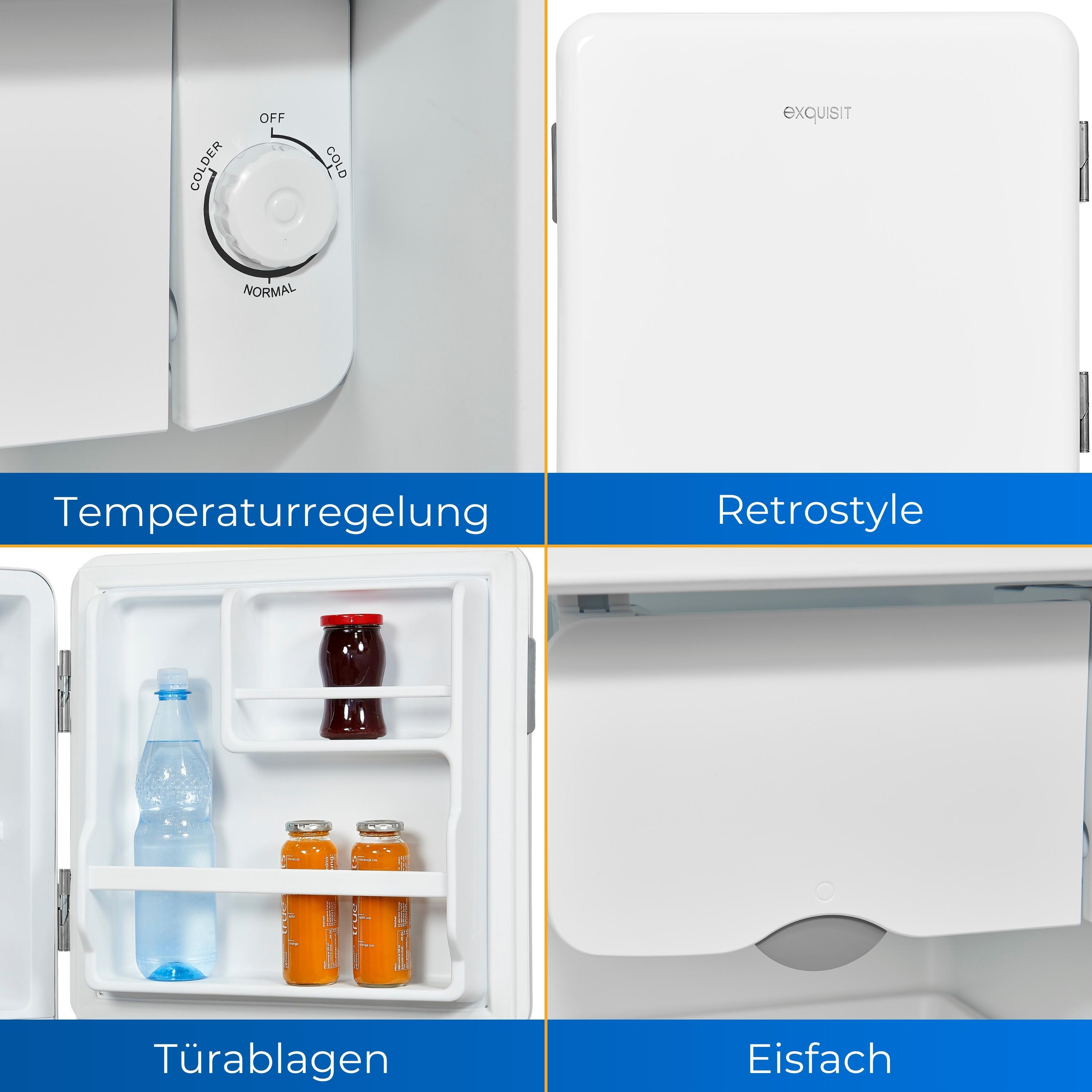 Vier Bilder eines Mini-Kühlschranks: Temperaturregelung, Retro-Stil, Ablagen und einfach.