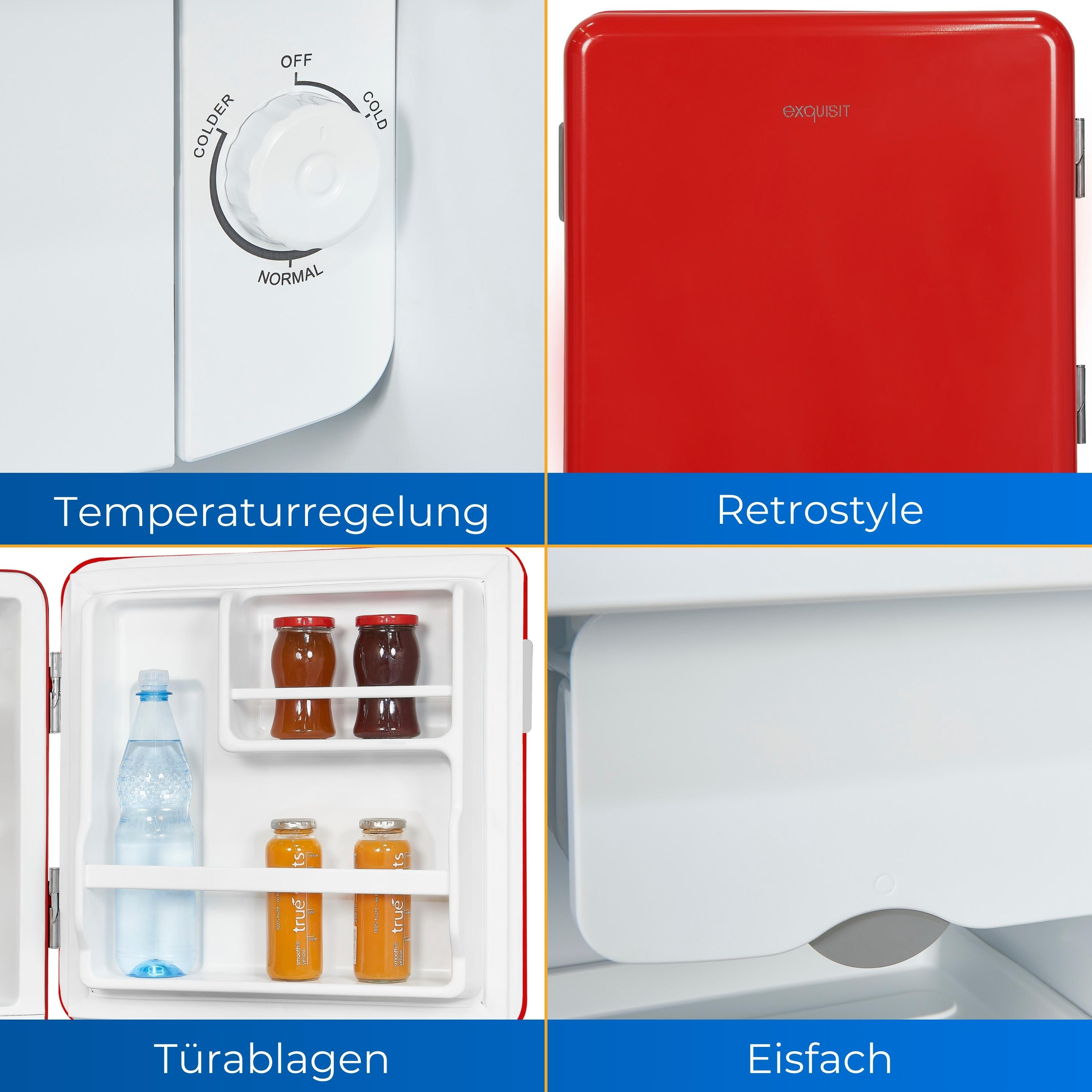 Kühlschrank mit Temperaturregelung, roter Tür, Regalen mit Gläsern und einfachem Innenraum.