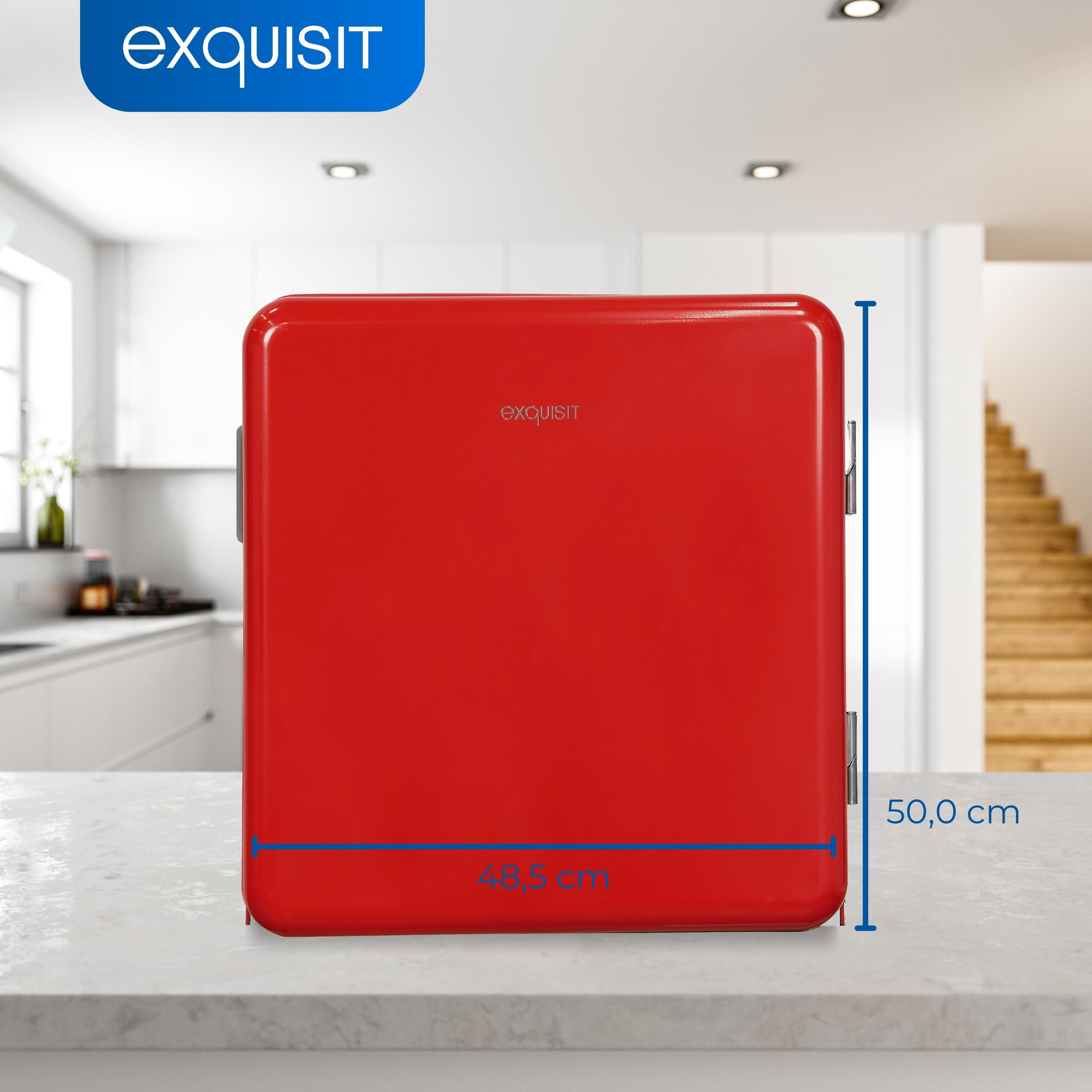 Roter Retro-Kühlschrank auf Marmor-Arbeitsplatte, mit angezeigten Abmessungen.
