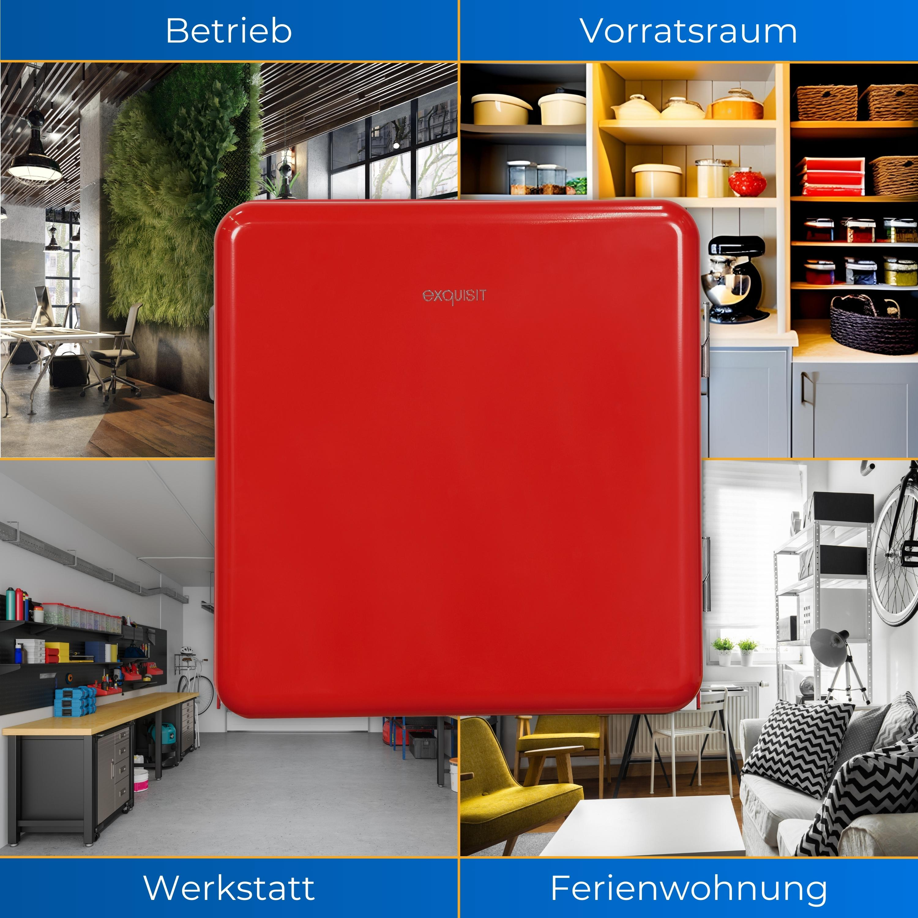 Roter Kühlschrank inmitten von vier Szenen: Büro, Vorratsraum, Werkstatt, Ferienwohnung.