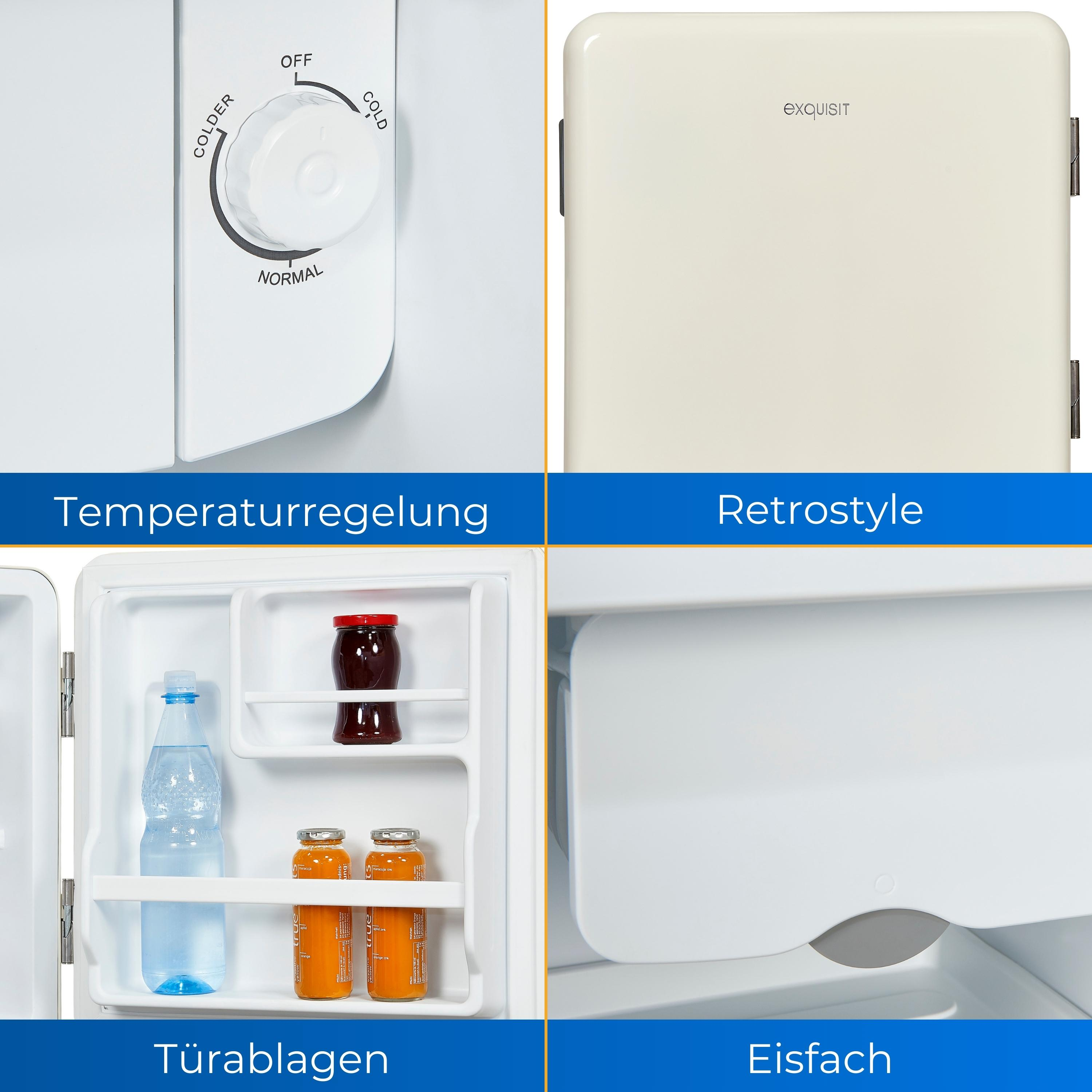 Vier Bilder: Temperaturregelung, Retro-Stil, Türablagen mit Flaschen und ein leicht zu reinigendes Panel.