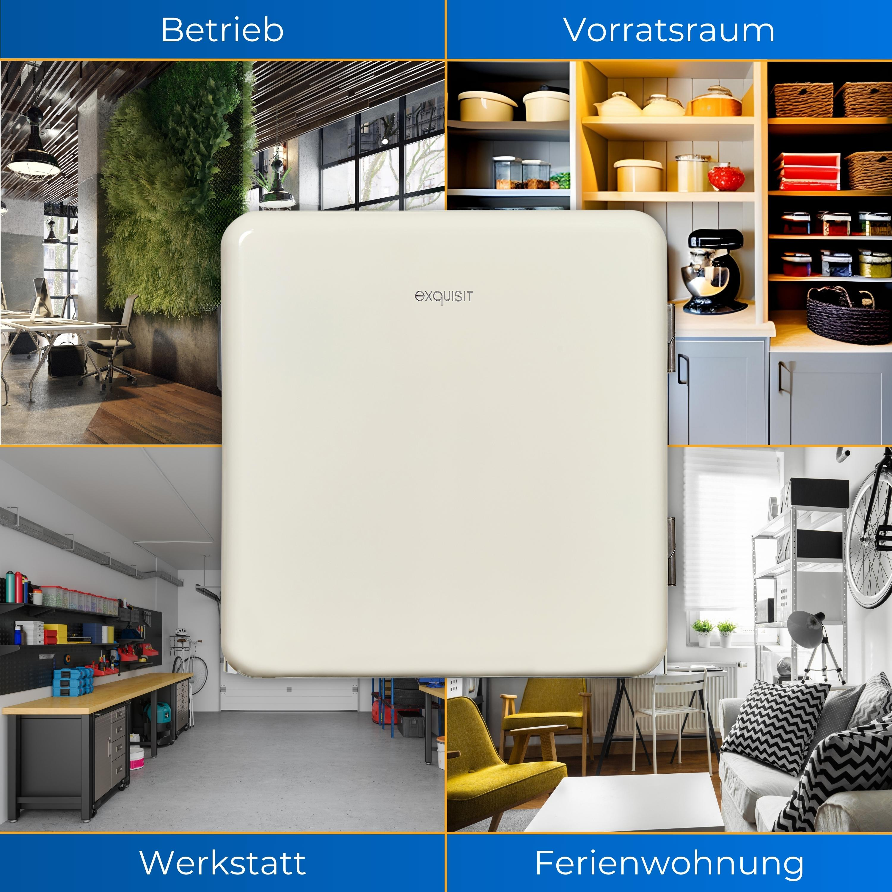 Ein cremefarbener Kühlschrank in verschiedenen Umgebungen: Büro, Speisekammer, Werkstatt, Wohnung.