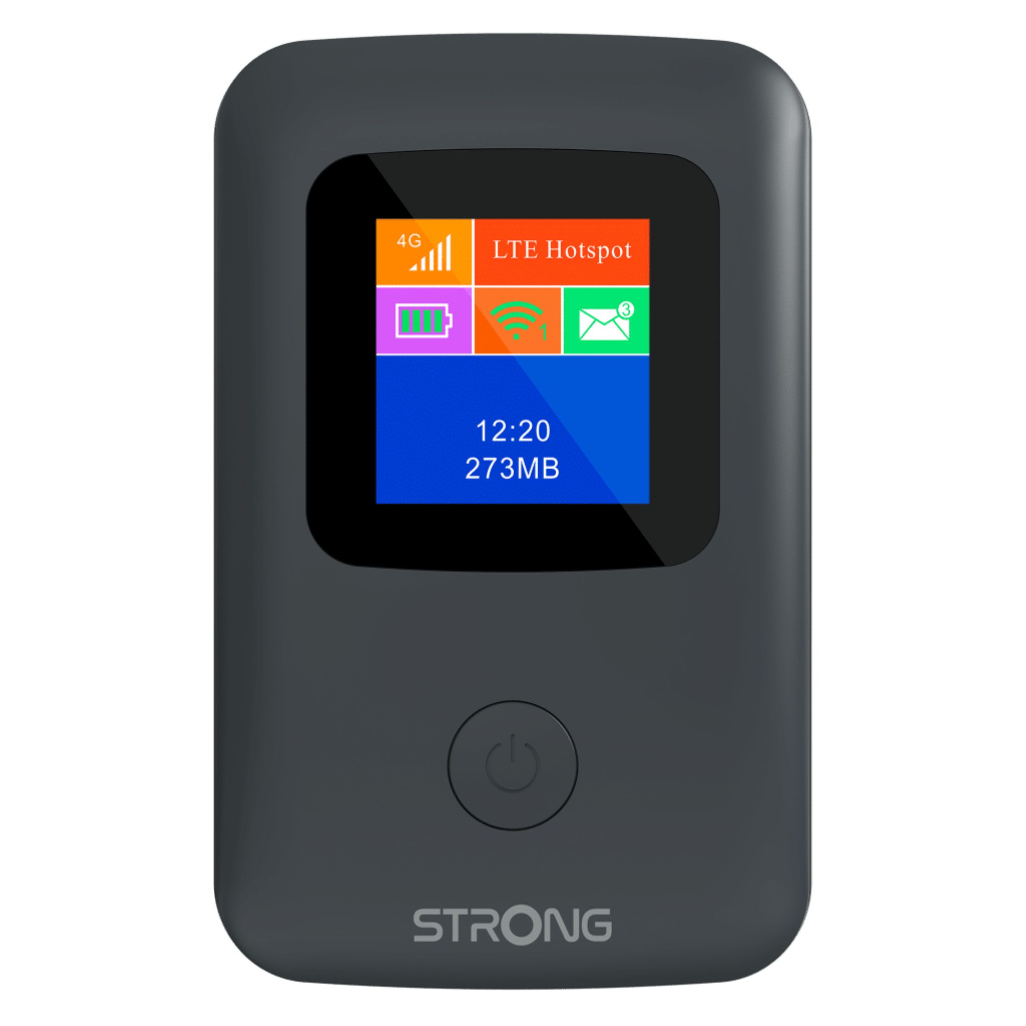 Dispositivo hotspot WiFi portatile grigio scuro con schermo.
