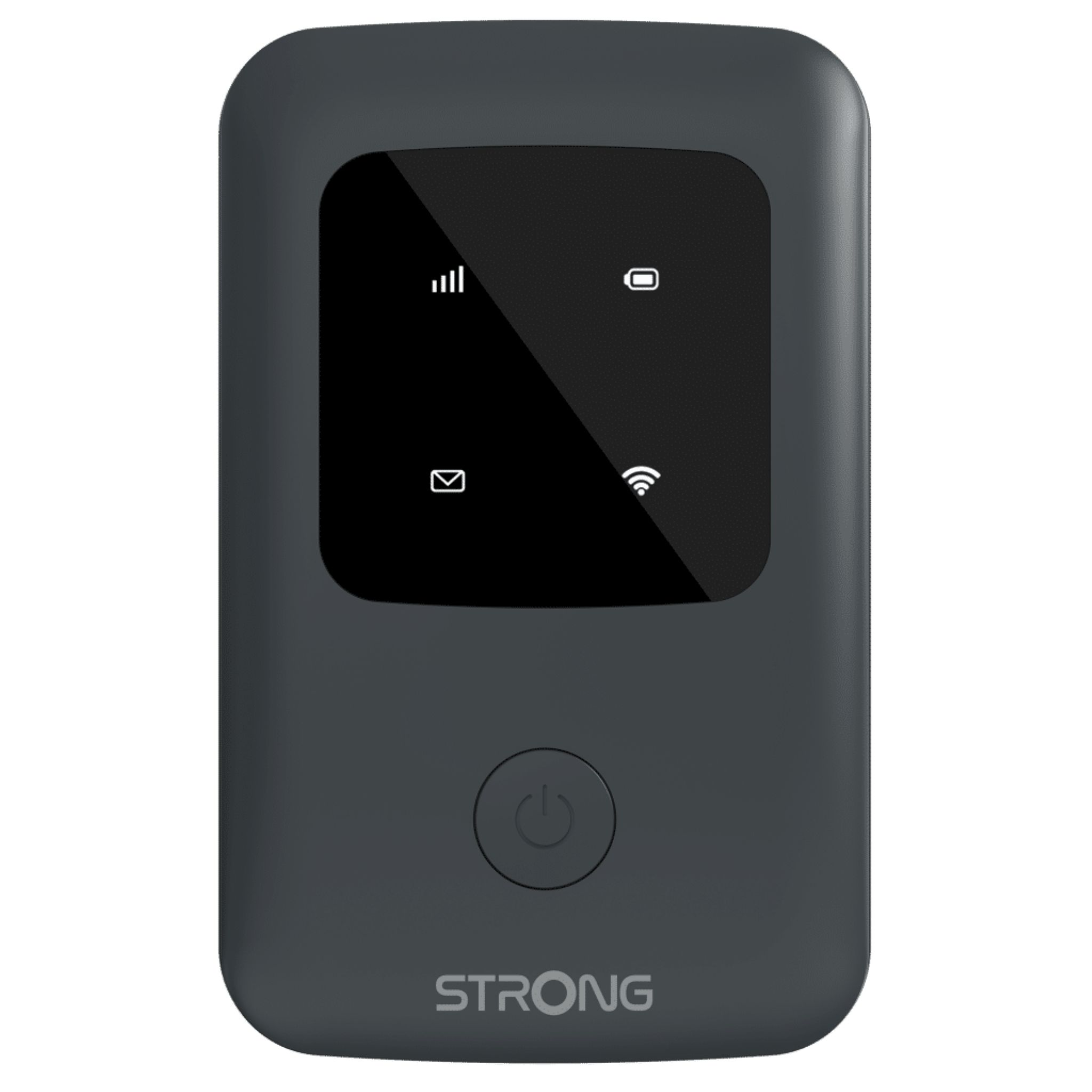 Ein dunkelgrauer, tragbarer WLAN-Router mit Bildschirm und Ein/Aus-Taste.
