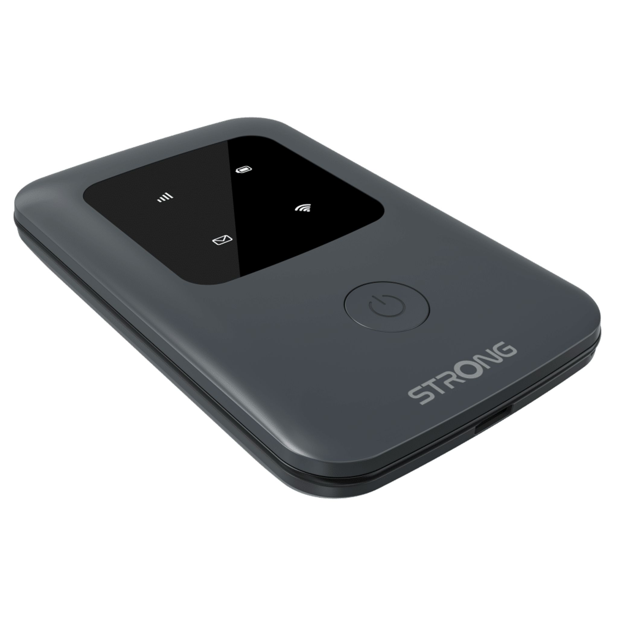 Dunkelgrauer mobiler Router von STRONG. Zeigt Signal-Icons, Power-Taste und Strong-Logo.