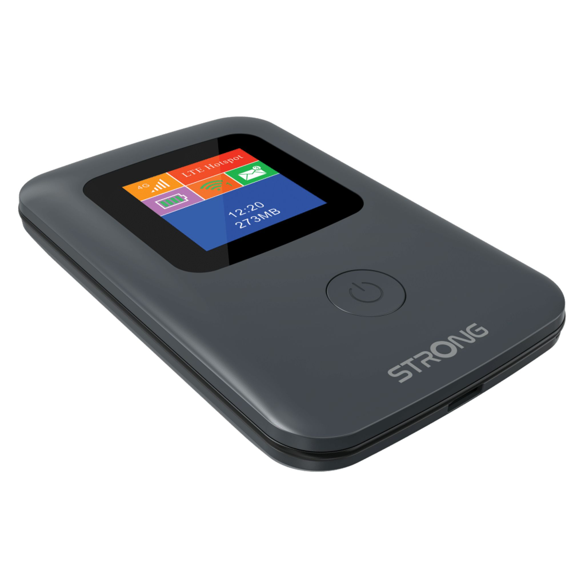 Hotspot LTE grigio scuro con schermo che mostra ora, utilizzo dati e segnale. Marchio 'STRONG' visibile.