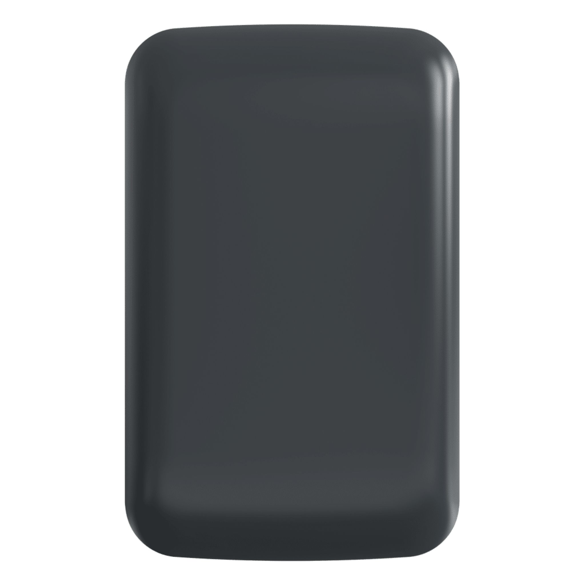 Un power bank rettangolare grigio scuro con bordi arrotondati, un design minimalista.