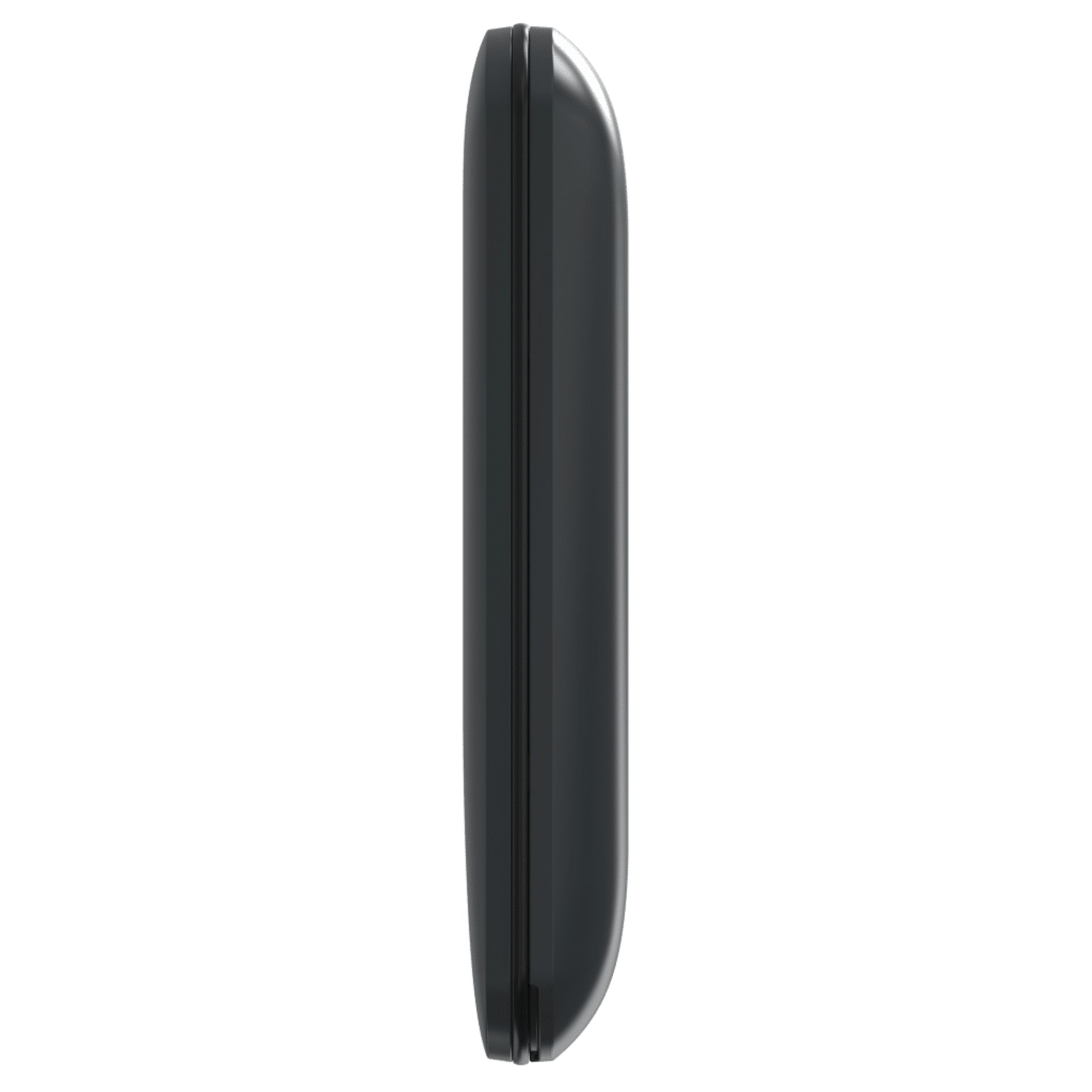 Schwarzes Telefon, Seitenansicht. Vertikale Ausrichtung. Weißer Hintergrund.