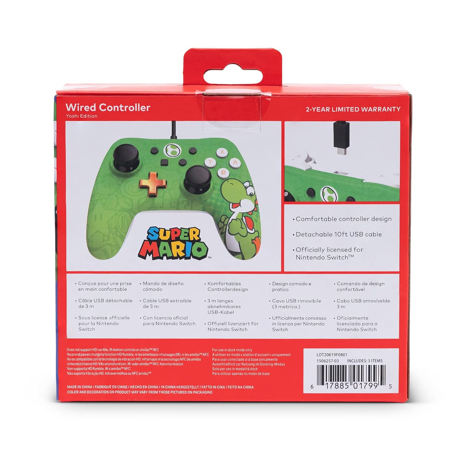 Zielony kontroler Nintendo Switch w tematyce Yoshi. Pudełko zawiera tekst i obrazy, z białym tłem.