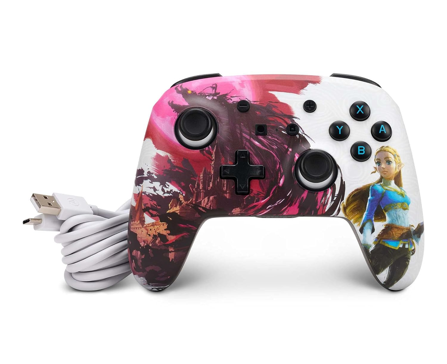Zelda-Spielcontroller mit weißem USB-Kabel.