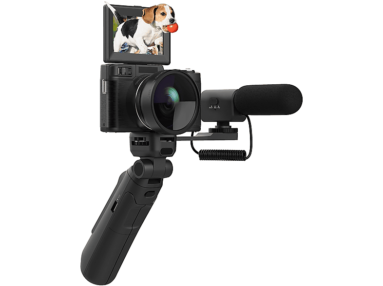 FINE LIFE PRO OKA 4K-HD-Vlog-Reisekamera Mit klappbarem Touchscreen,Sony IMX386(48 MP, 16-fach Zoom Mikro ) Kinderkamera Schwarz-