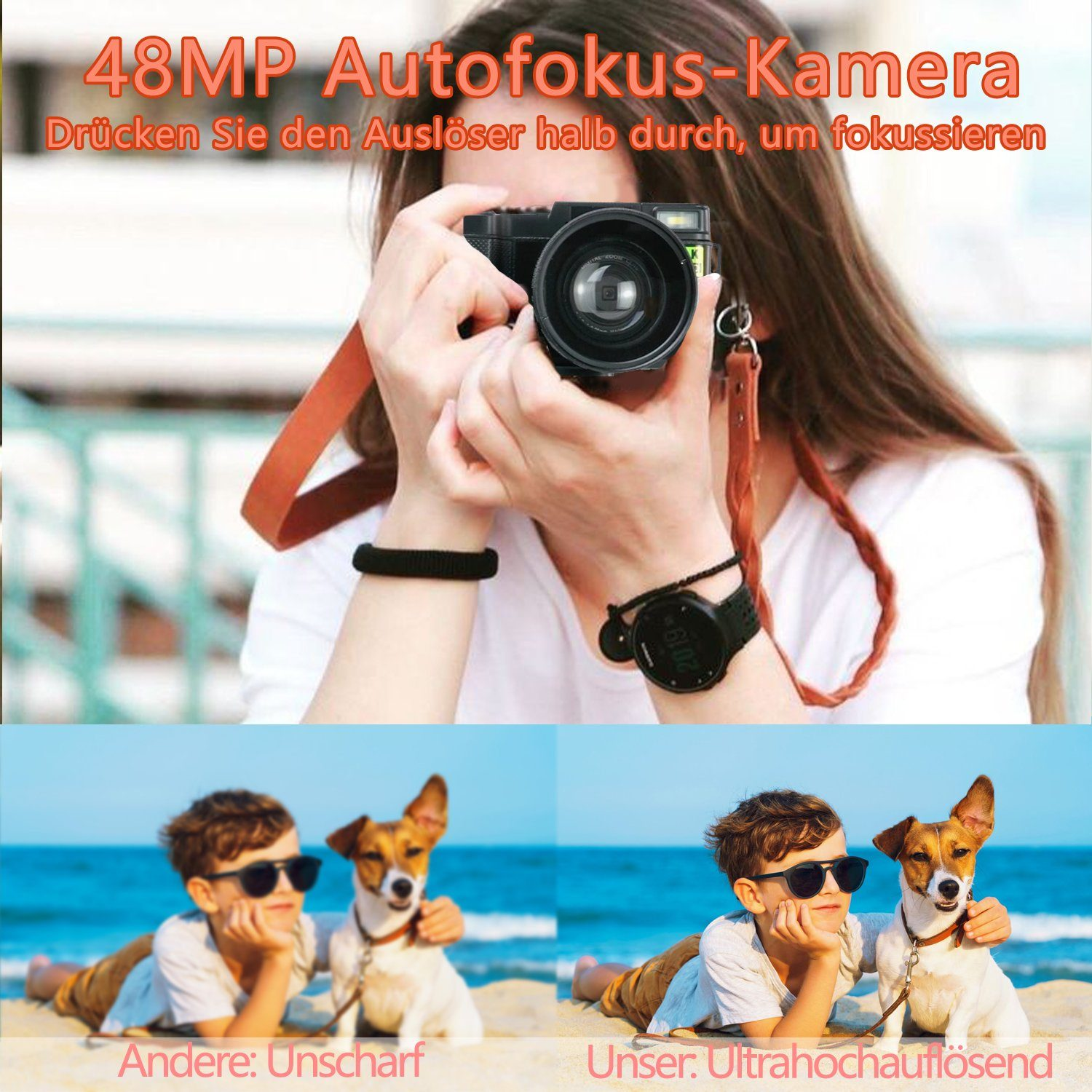 Mujer tomando una foto con una cámara. Dos niños y un perro abajo.