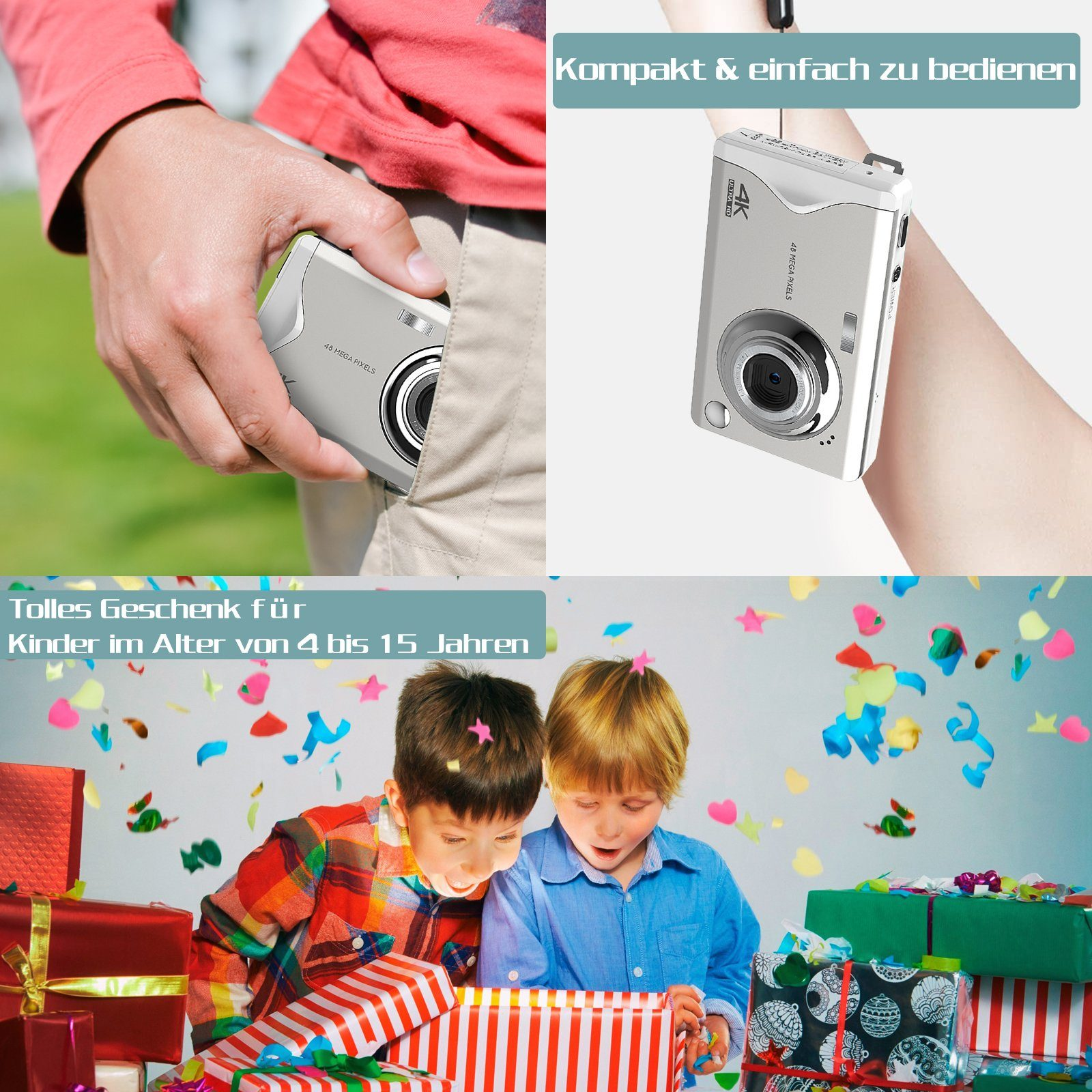 Weiß, Kamerafunktionen beiden opt. 4K-Aufruf48 Kinderkamera MP Kompaktkamera Pixel, 48 Karte-Kamera Zoom 16X mit Mio. LINGDA