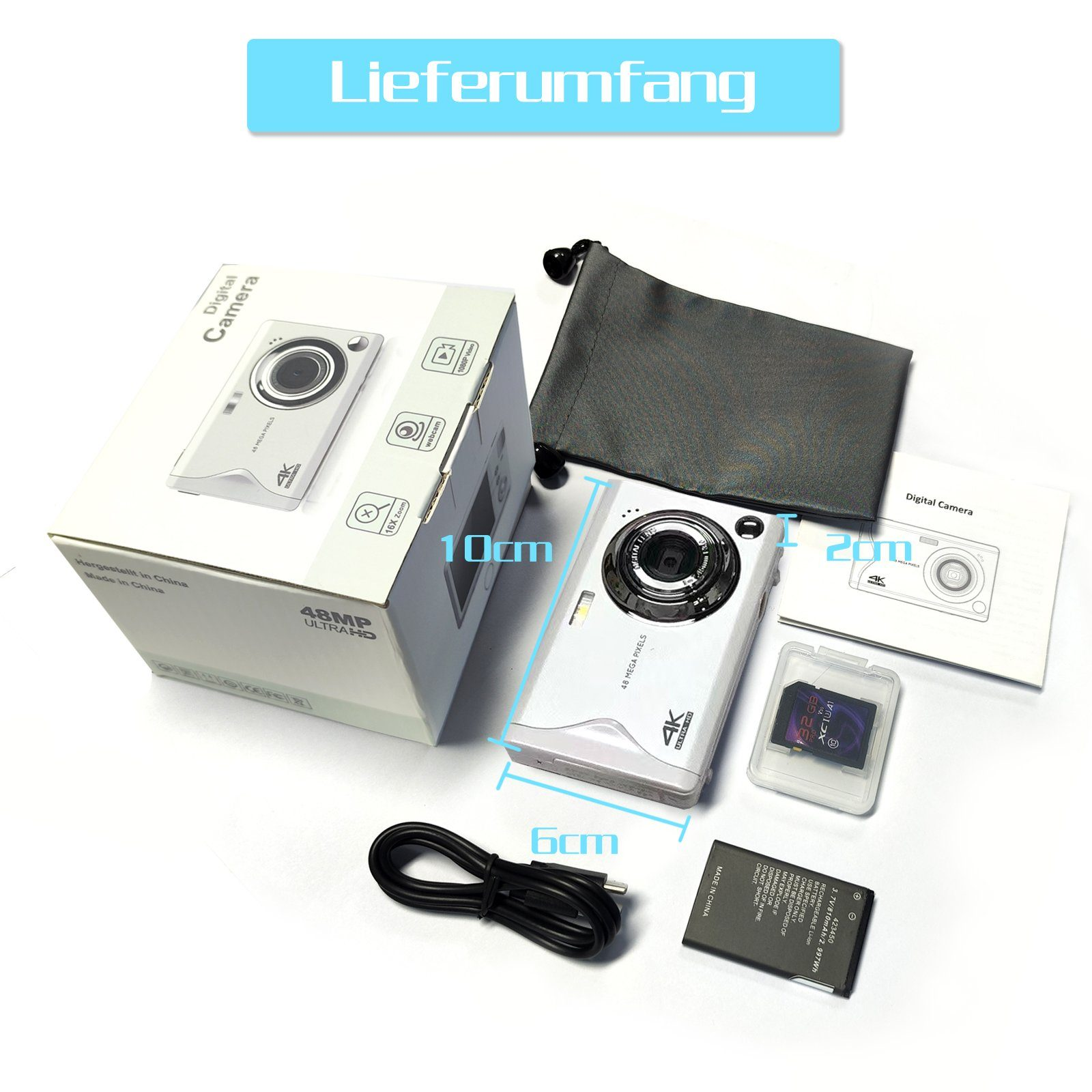 FINE LIFE PRO Karte-Kamera beiden Zoom- Mio. Kamerafunktionen Kinderkamera 16X 48 Weiß, Pixel opt. Kompaktkamera 4K-Aufruf48 mit MP