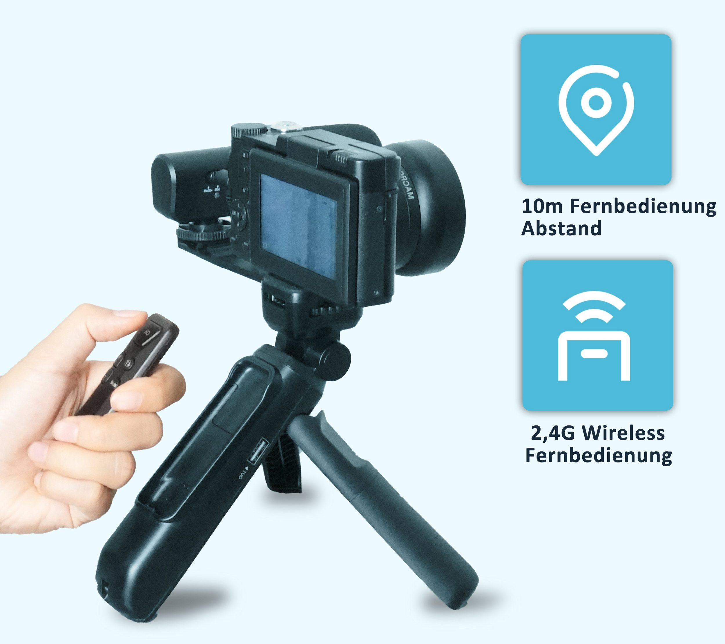Cámara en un trípode. Una mano sostiene un mando a distancia. Dos iconos azules con texto: 10m distancia remota y 2.4G inalámbrico.