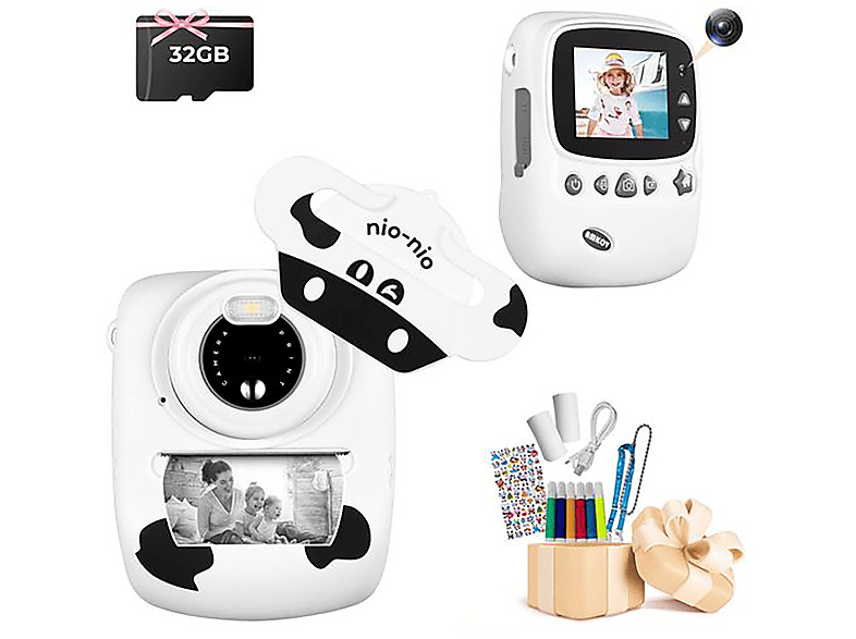 FINE LIFE PRO Kinderkamera-Sofortdruckfunktion Dual-Kameras kostenlosen Farbstiften und Aufklebern Kinderkamera, Schwarz-weißes