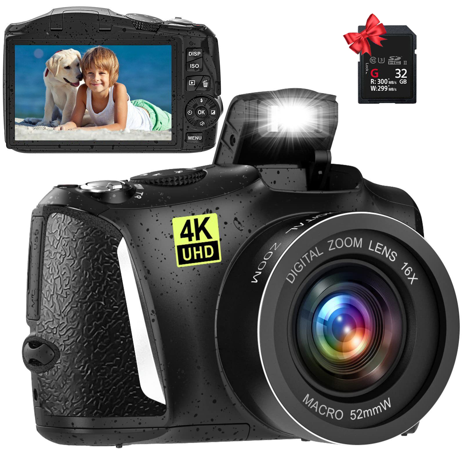 LINGDA 4K 60FPS Ultra HD Akku, 32g Digitalkamera mit 48 Speicherkarte Megapixel Schwarz, Digitalkamera 3Zoll