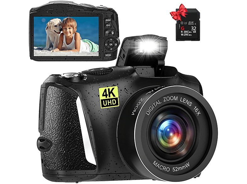 60FPS HD Ultra 3Zoll- Schwarz, Megapixel mit 48 4K Speicherkarte Digitalkamera LINGDA Digitalkamera 32g Akku,