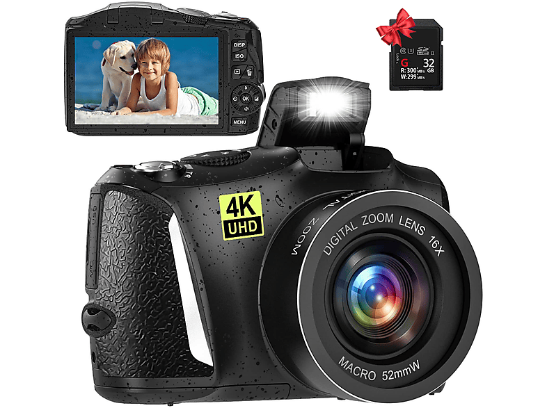 LINGDA 4K Ultra 60FPS HD-Videoaufnahme Schwarz, 48MP LCD Digitalkamera