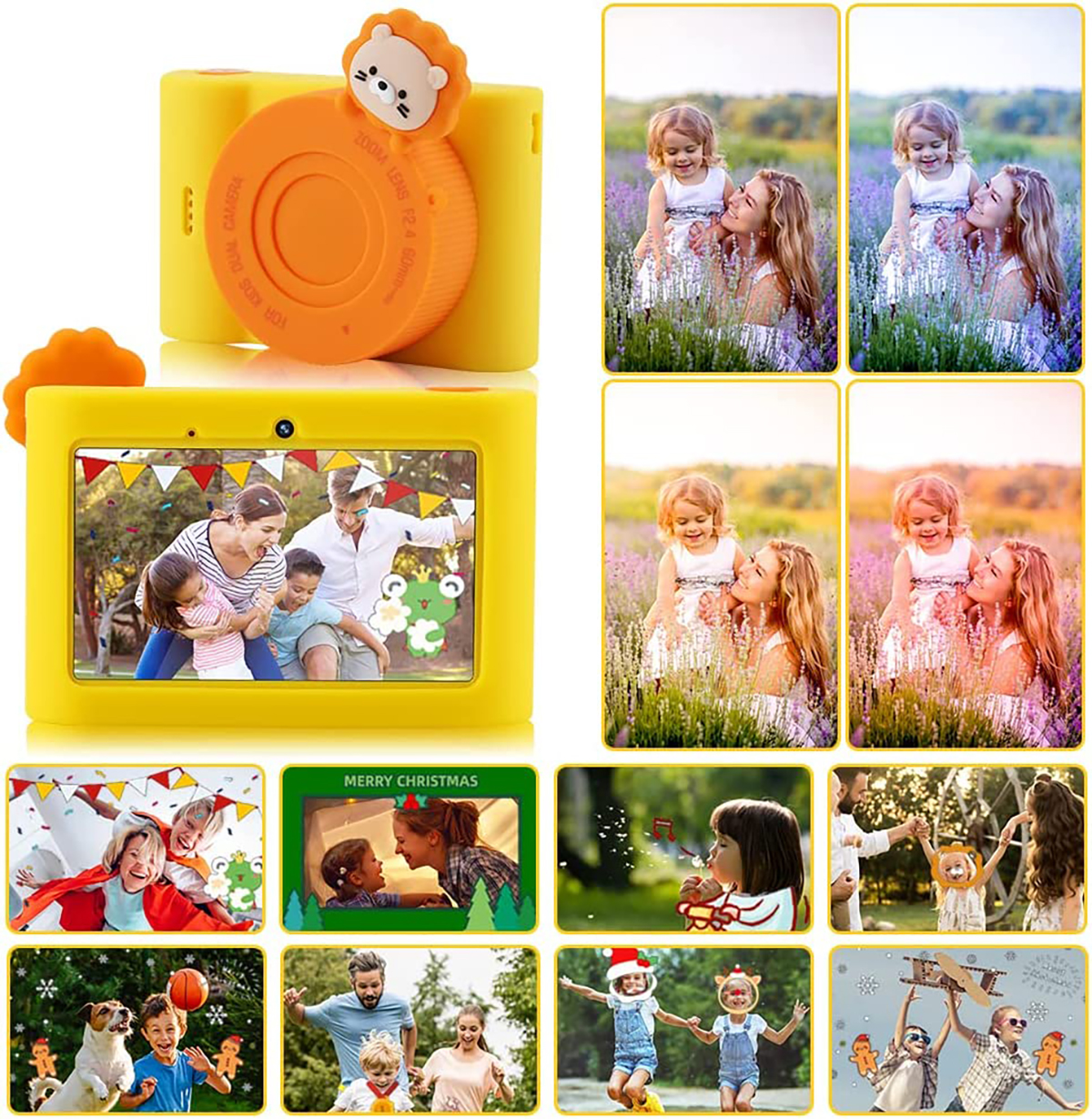 Collage de una cámara amarilla con un león y varias fotos con niños y adultos.