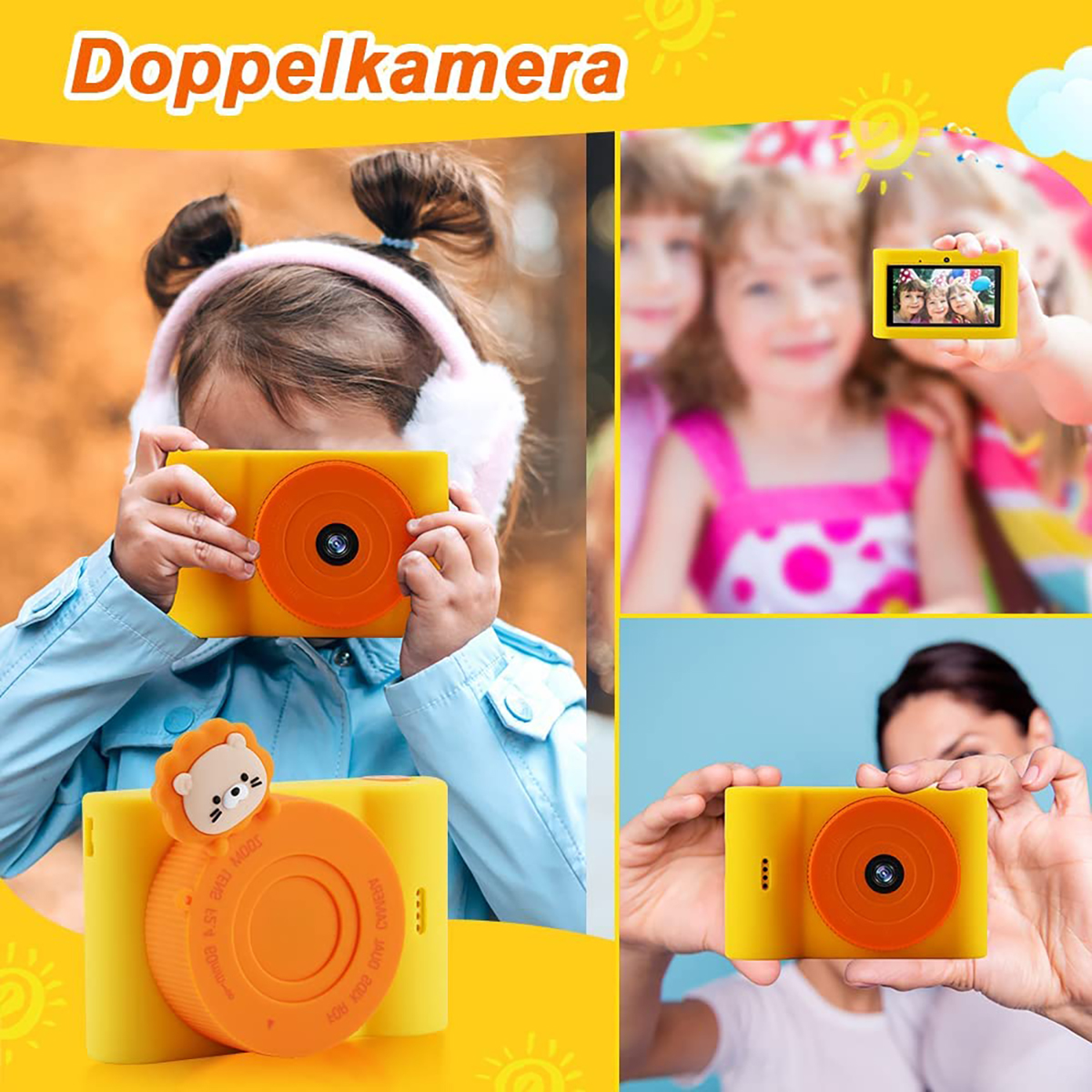 Cámara de juguete amarilla con detalles naranjas e imágenes de niños usándola. Texto: “Doppelkamera”.