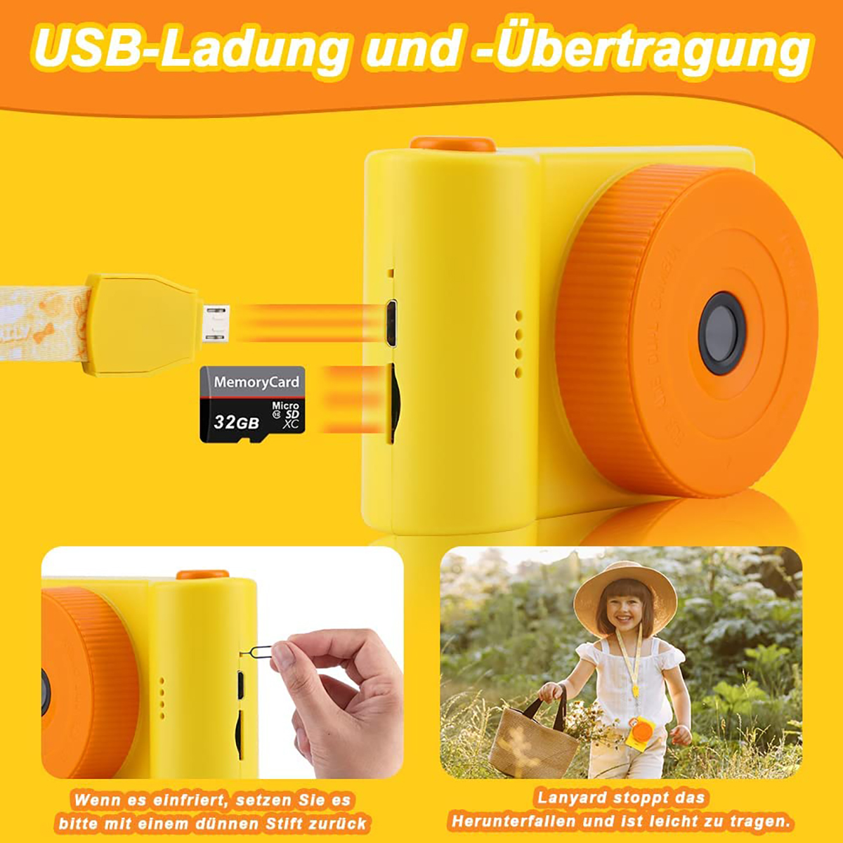 Cámara amarilla con lente naranja y micro SD. Muestra a un niño con una cámara.