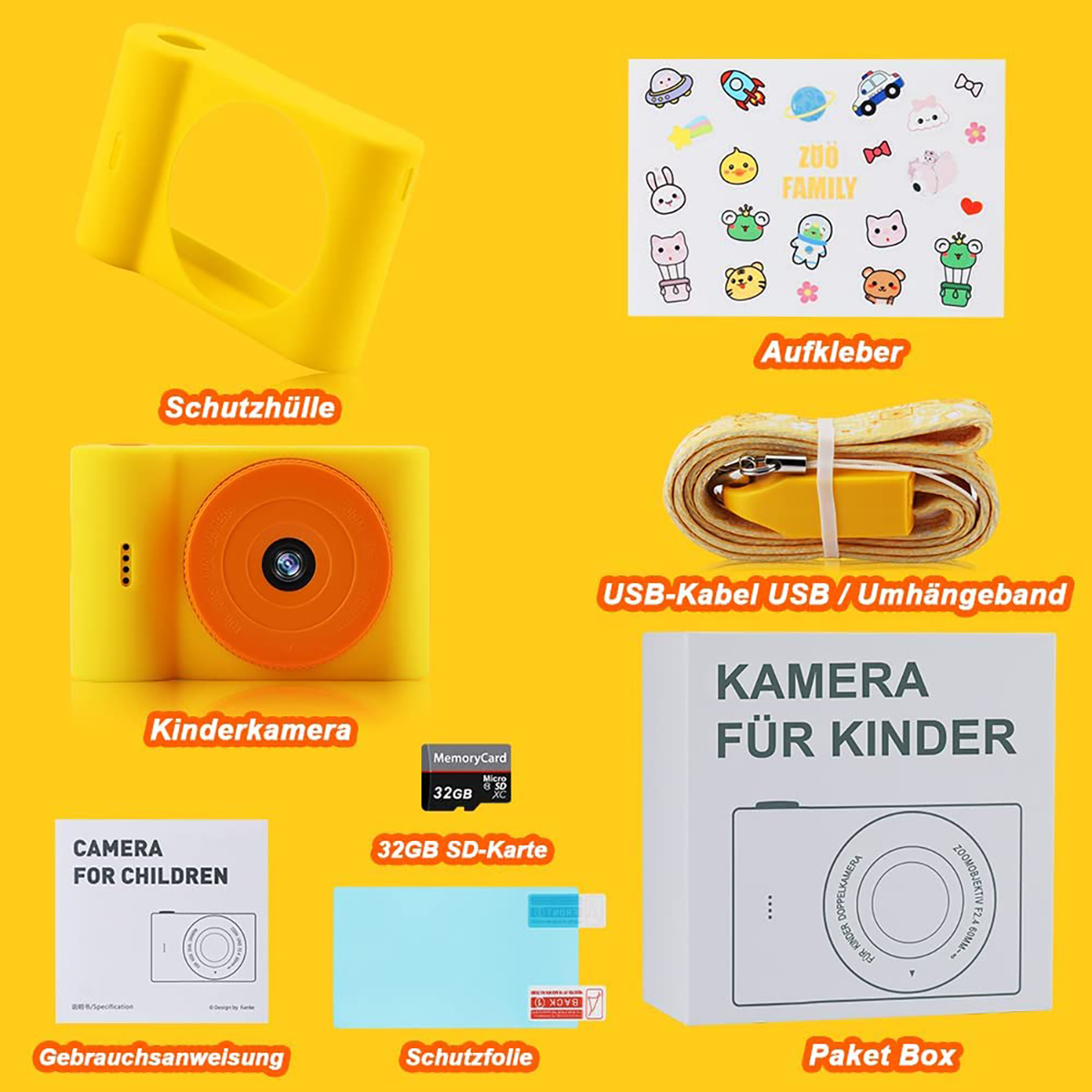 Kinderkamera PRO SD-Karte LIFE DigitalKamera Gelb- Kinderkamera,48MP,1080P,WiFi Fotokamera,32GB FINE