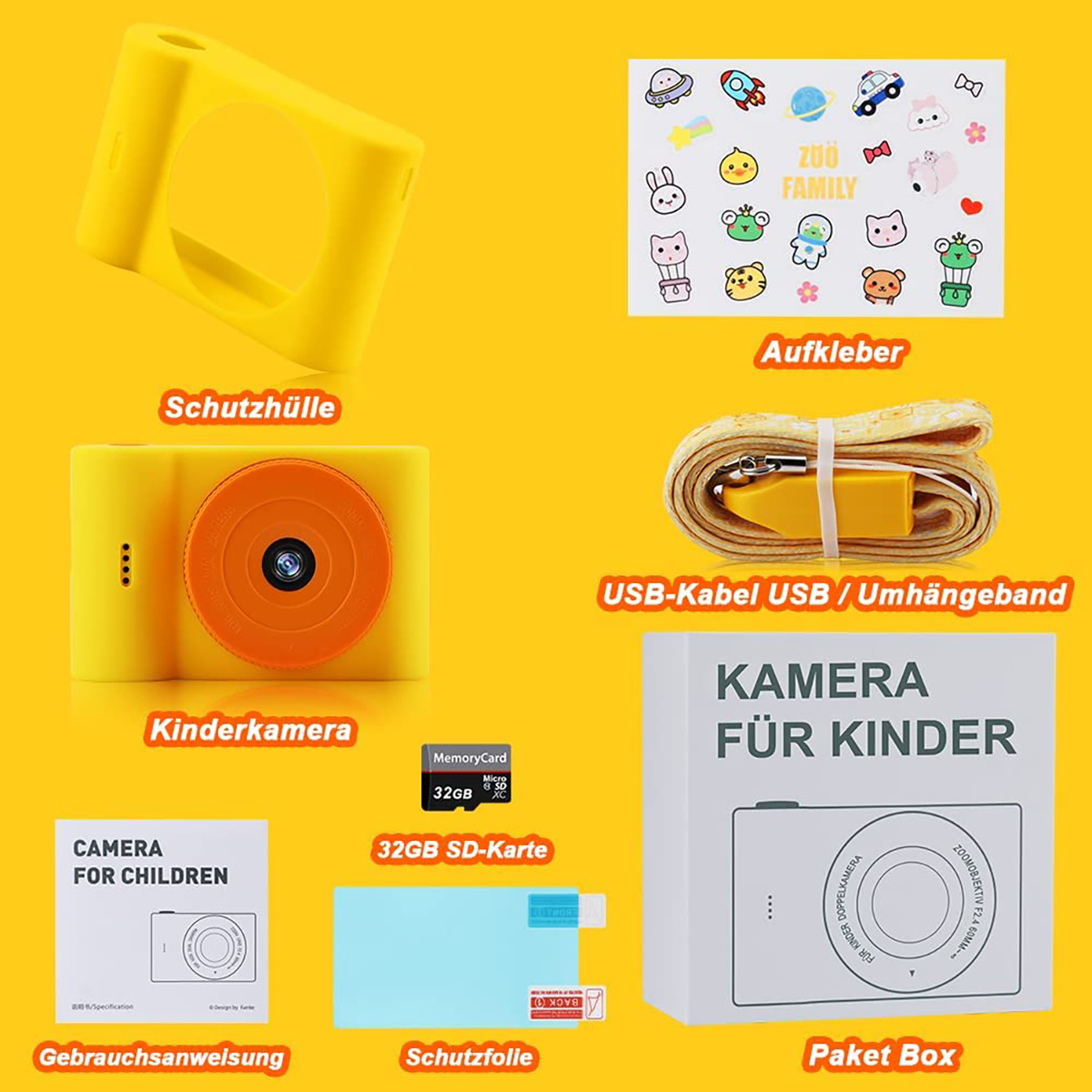 Cámara de juguete amarilla y accesorios. Incluye pegatinas, tarjeta SD, manual de usuario y funda de cámara.
