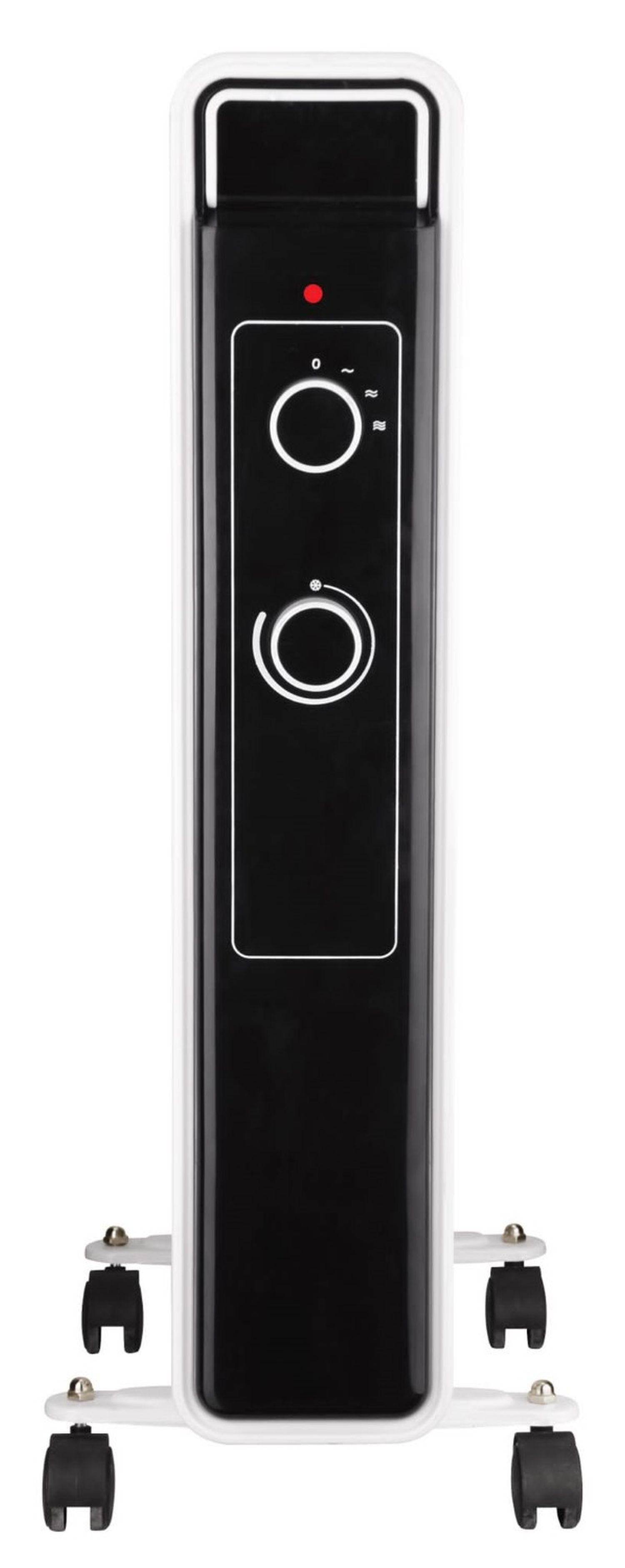 Schwarz-weißer Ölradiator mit Bedienrädern und Rädern.