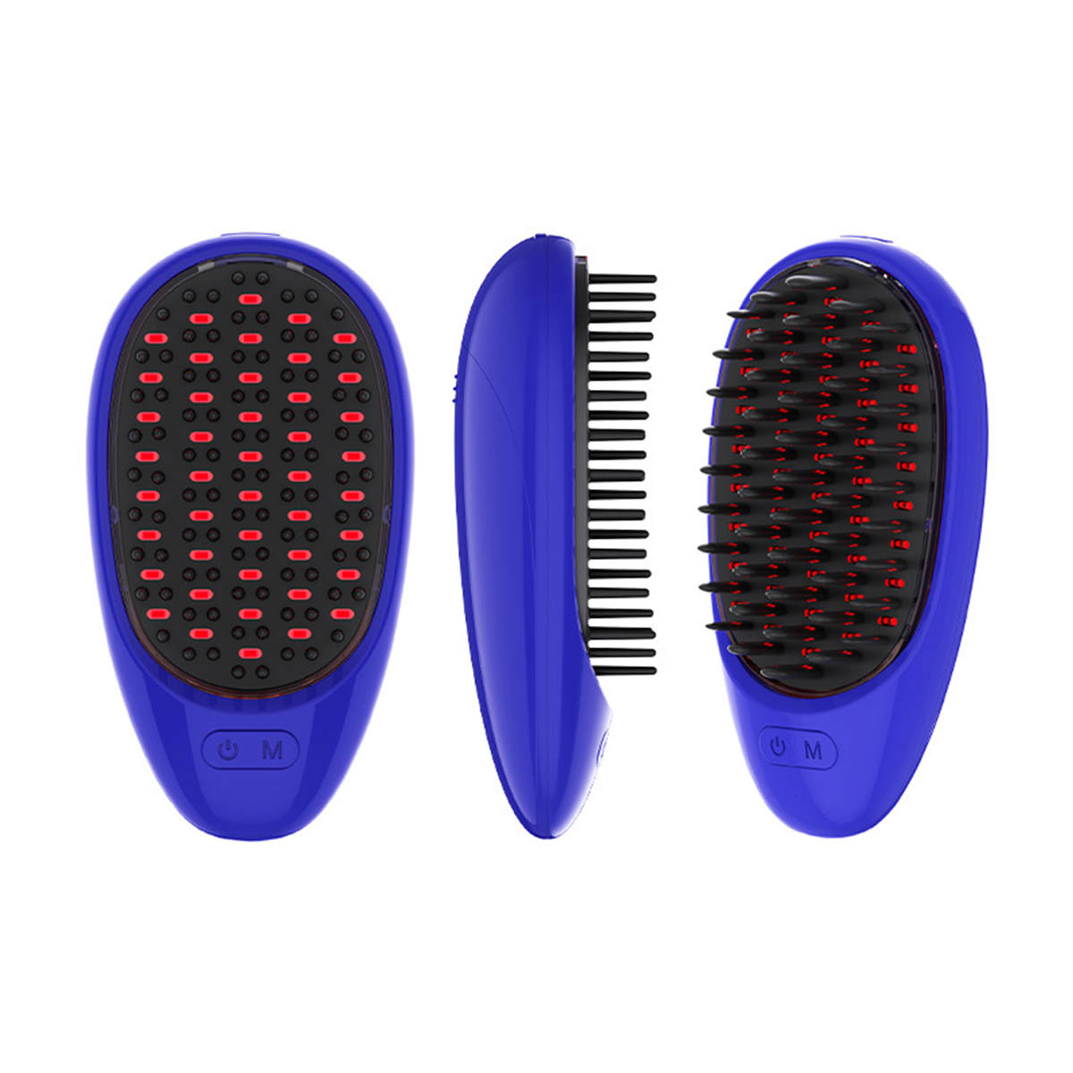 Blaue Haarbürste mit roten Lichtern, Seitenansicht und schwarzen Borsten.