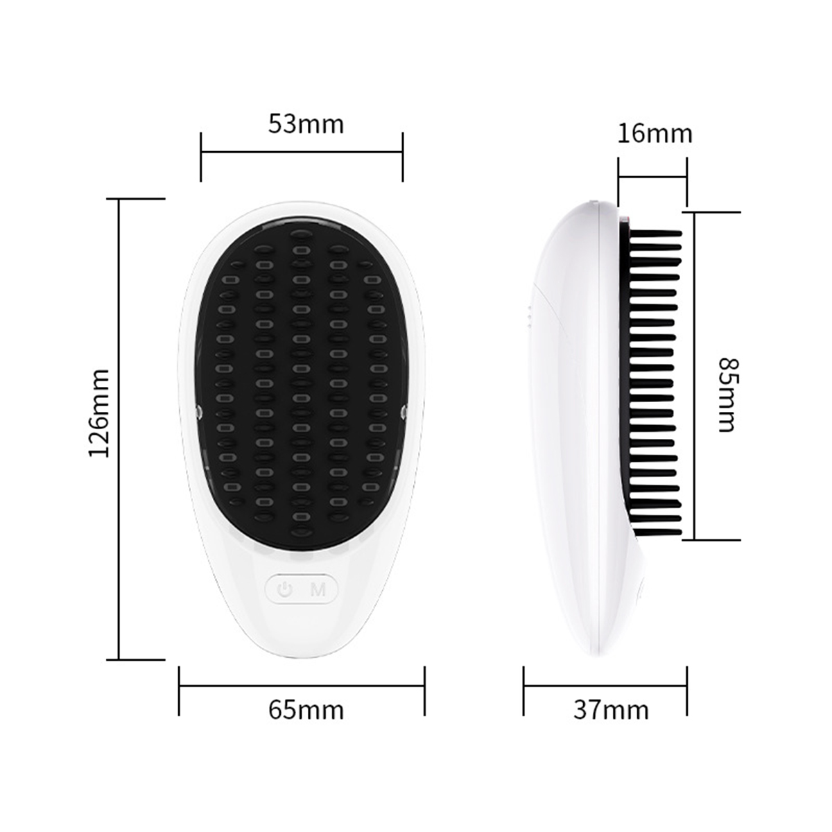 Weiße Haarbürste mit Maßen: 126mm x 65mm, Seitenansicht 85mm x 37mm.