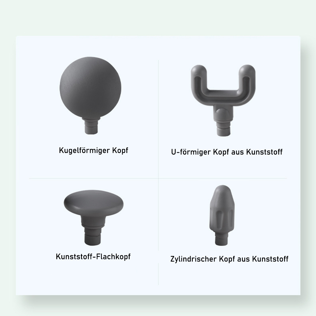Vier Massagepistolenaufsätze: ein Ball, ein U-förmiger Kopf, ein Flachkopf und ein Kegelkopf.