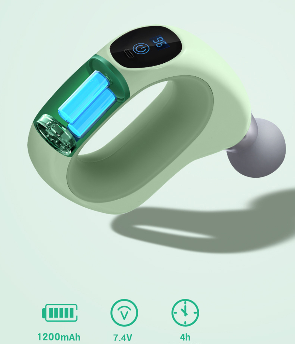 Eine grüne Massagepistole mit interner blauer Batterie. Unten werden 1200mAh, 7,4V und 4h Icons und Text angezeigt.