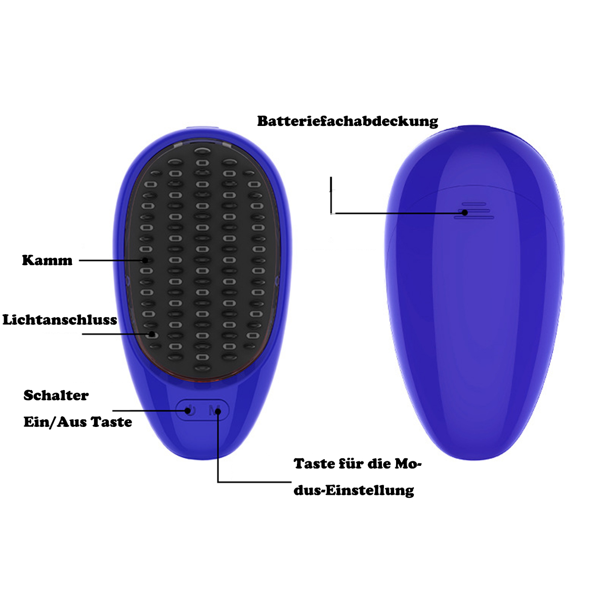 Blaue Haarbürste mit Etiketten, die auf Teile wie Kamm und Schalter verweisen.