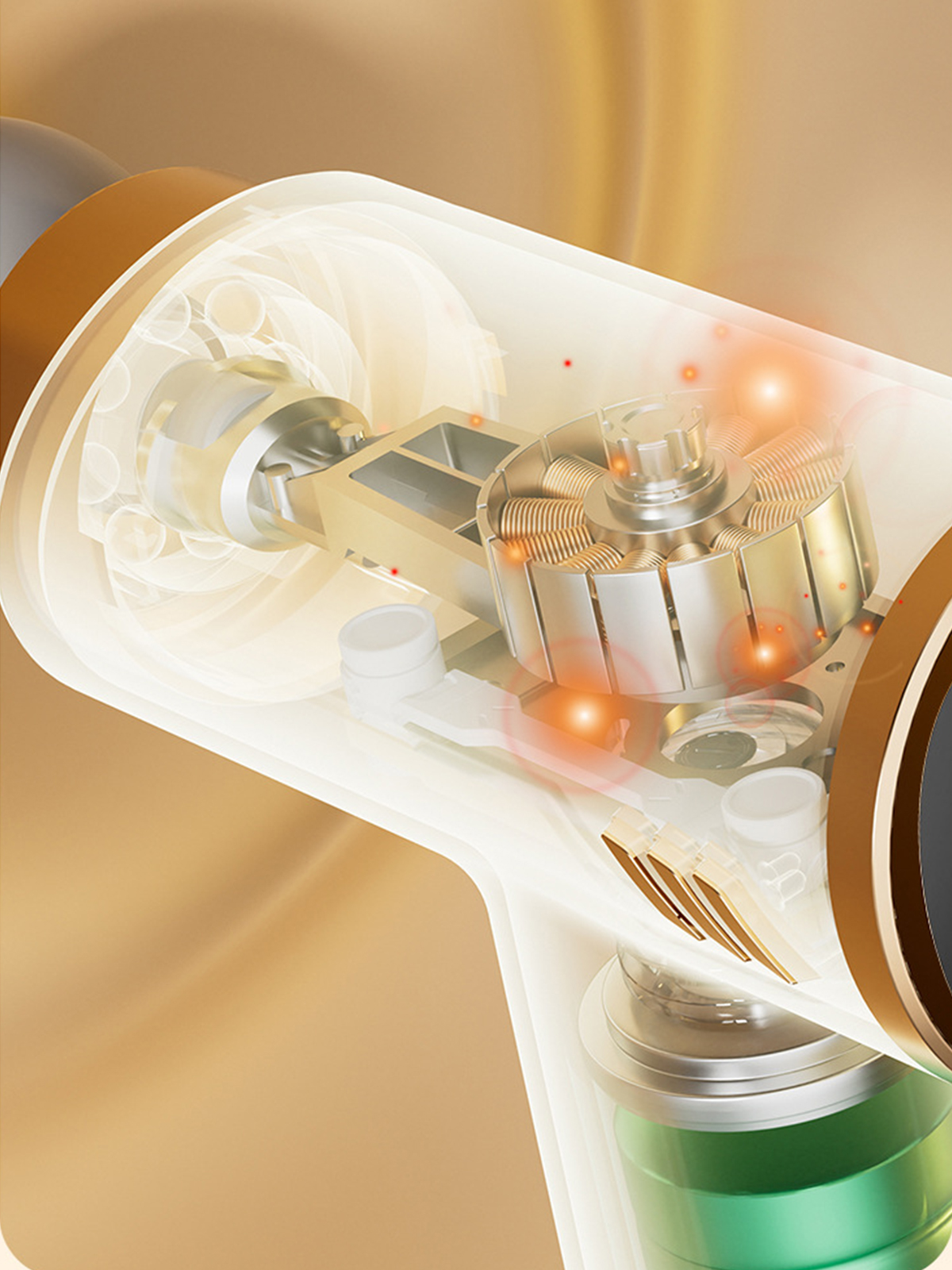 Interne Ansicht eines Geräts mit Rotor, Stator und Batterie. Das Gerät hat ein transparentes Gehäuse mit goldenen Akzenten.