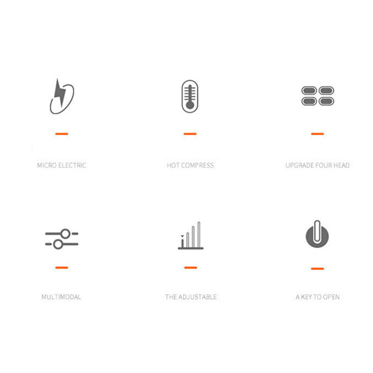 Symbole: Mikroelektrisch, Heißkompression, Upgrade vier Köpfe, Multimodal, Einstellbar, Eine Taste zum Öffnen. Weiß.