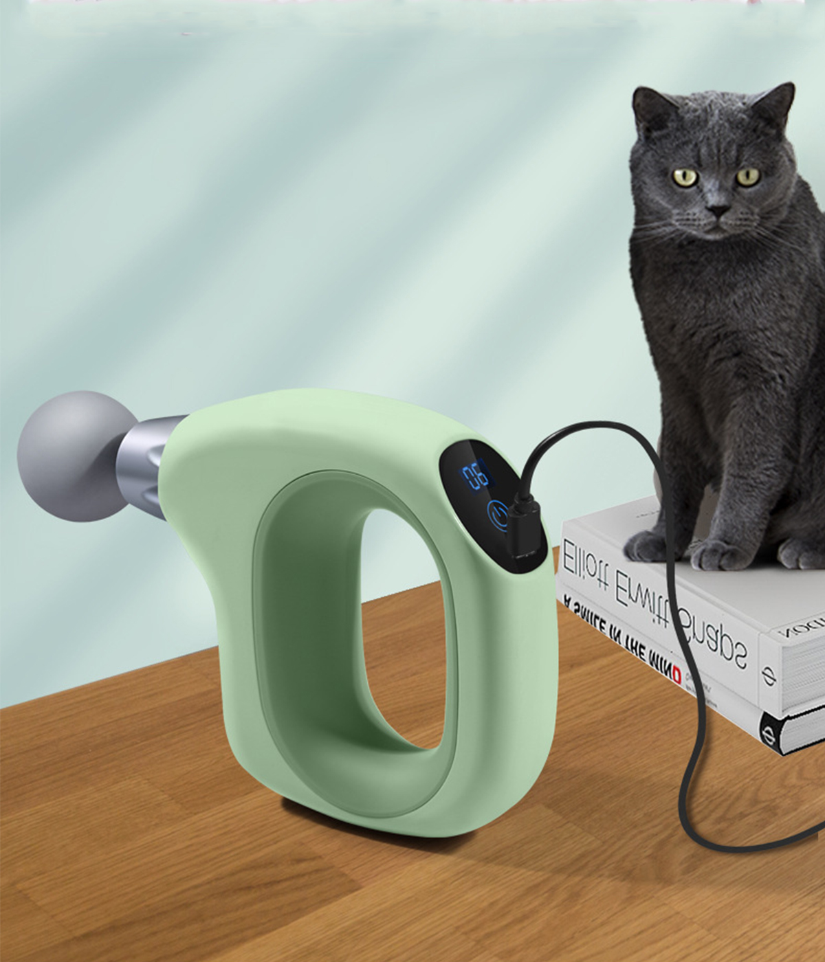 Eine grüne Massagepistole, eine Katze und Bücher auf dem Tisch.