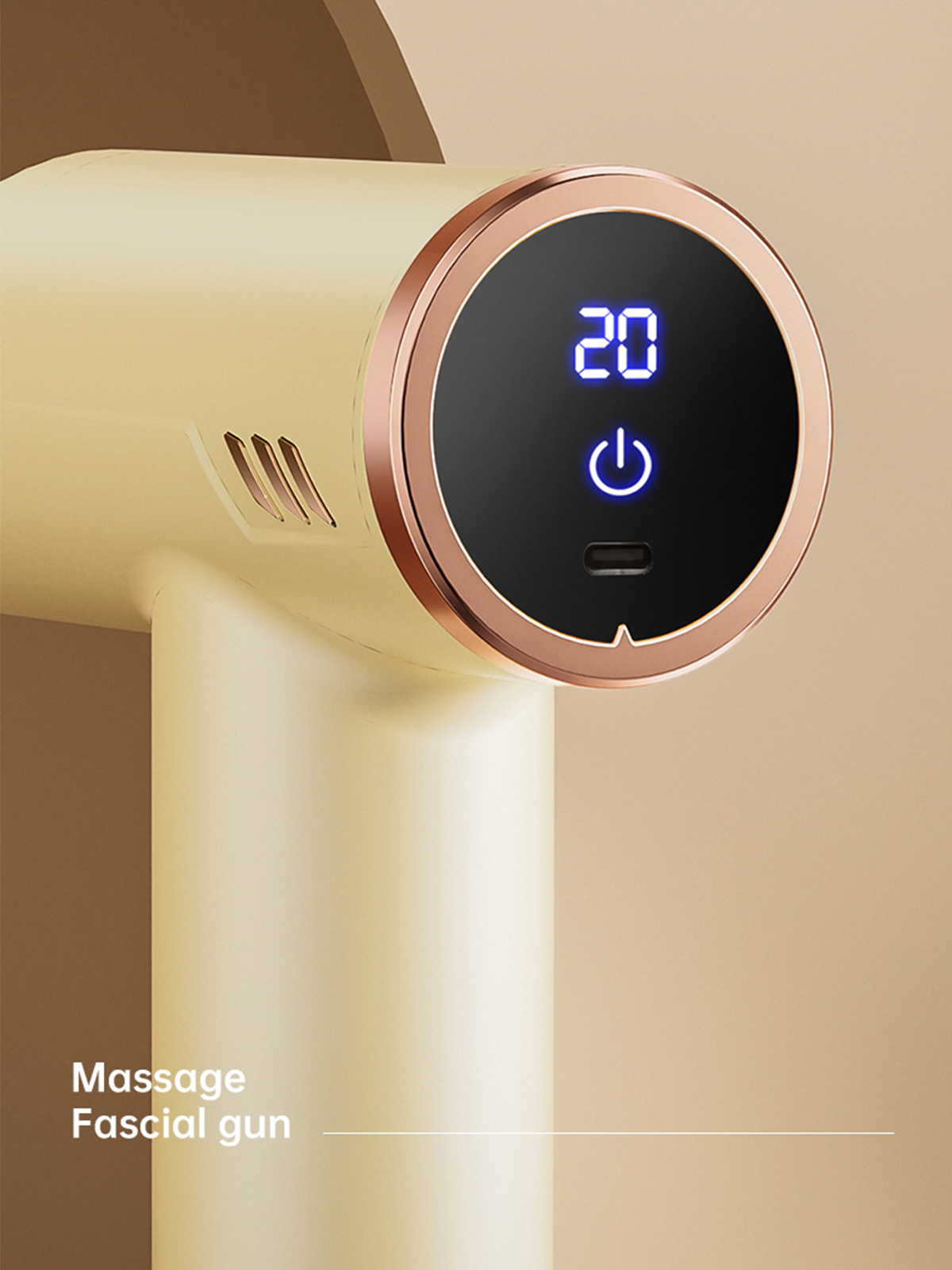 Eine Massagepistole, cremefarben, mit digitaler Anzeige, die 20 anzeigt. Hat einen roségoldenen Akzent.