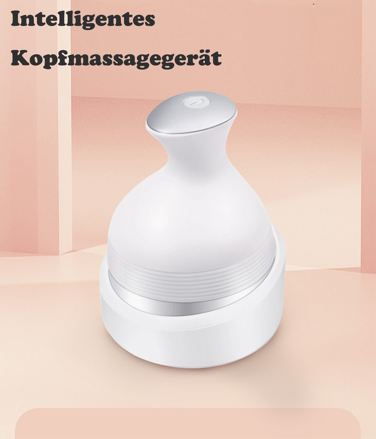 Weißes Kopfmassagegerät auf rosa Hintergrund. Text auf Deutsch. Es ist ein Gerät mit silberner Oberseite.