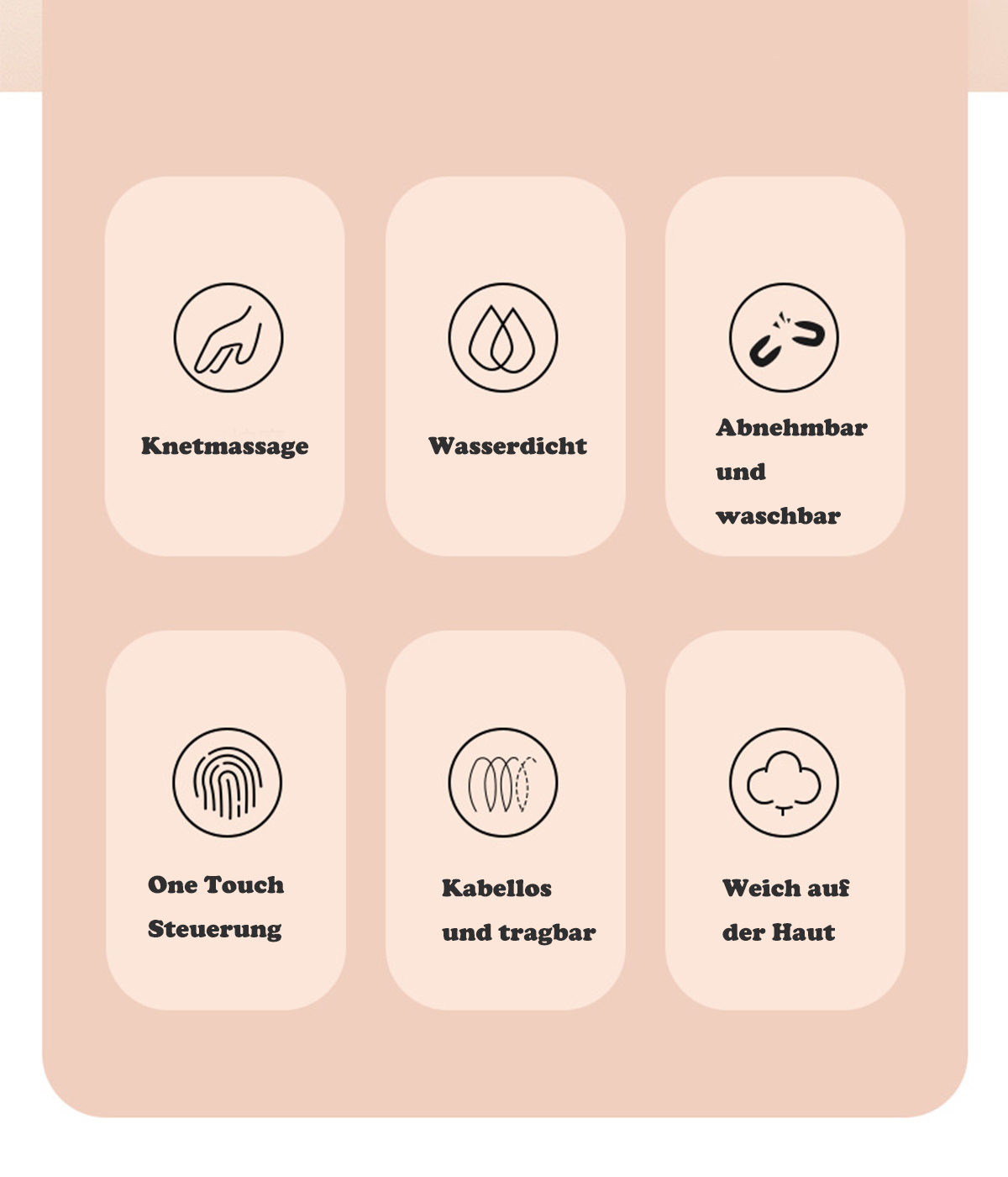 Sechs Symbole mit Text auf rosa Hintergrund. Sie stellen Funktionen eines Produkts dar.