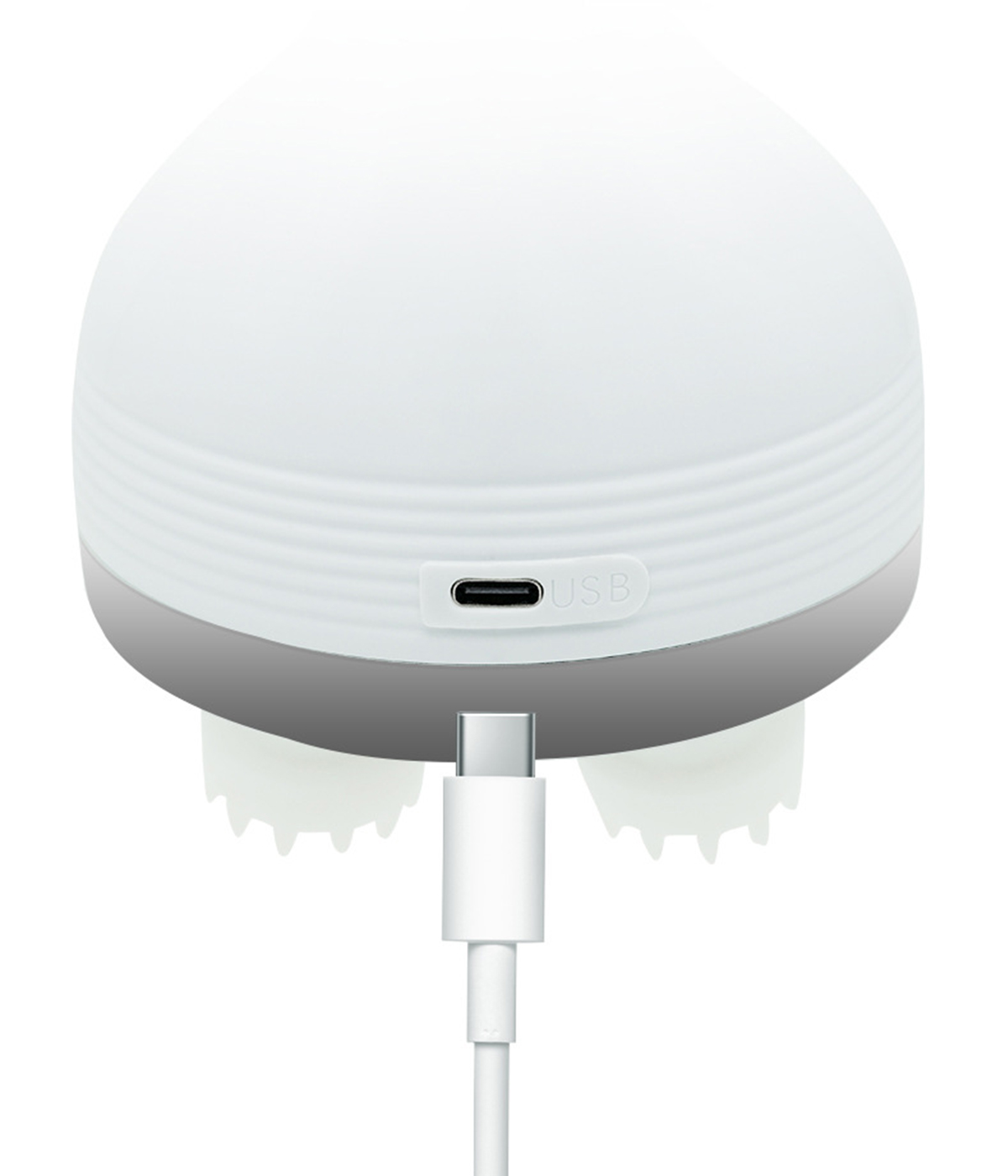 Eine weiße, eiförmige Lampe mit USB-Anschluss und einem USB-C-Kabel.