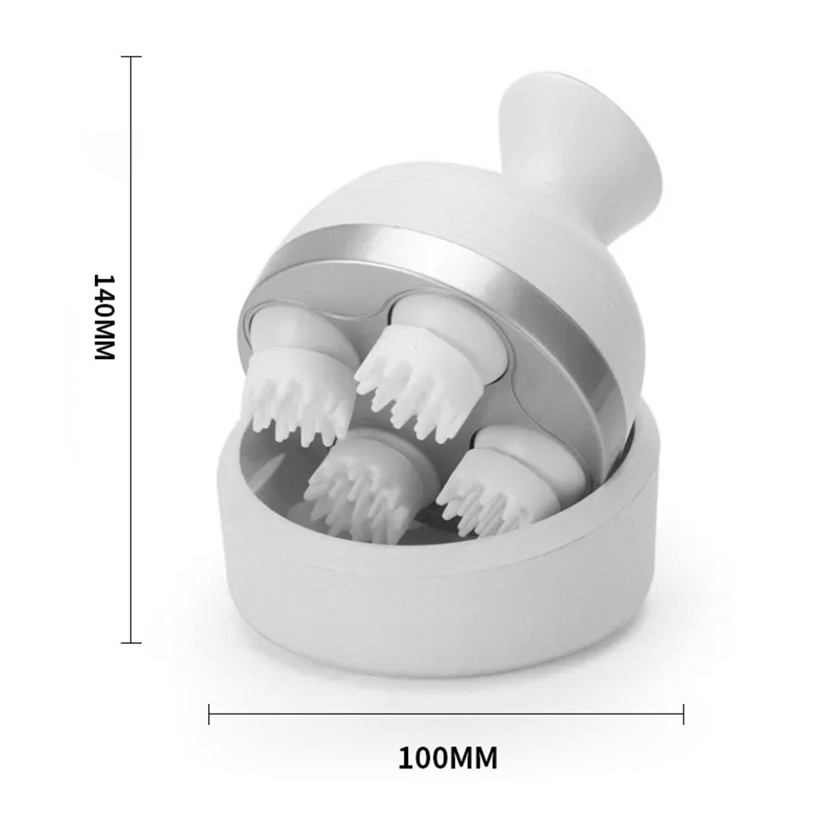 Weißer Kopfmassagegerät mit vier rotierenden Bürsten, Maße 140mm x 100mm, weißer Hintergrund.