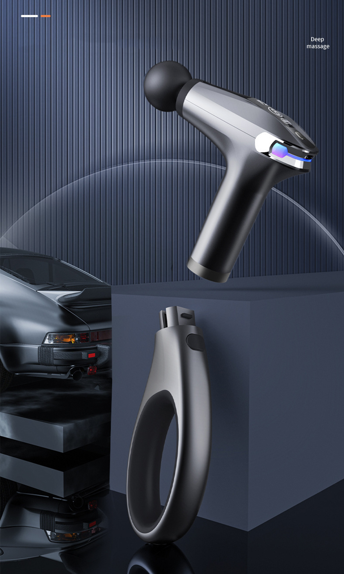 Eine schwarze Massagepistole und ein Griff, mit einem Auto im Hintergrund.
