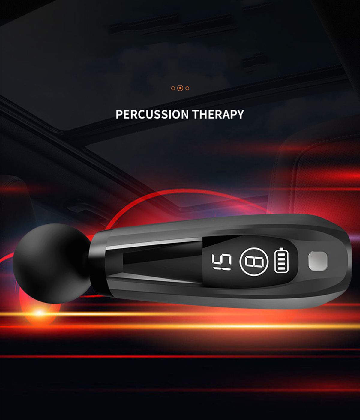 Eine schwarze Massagepistole mit roten Lichteffekten, die eine Perkussionstherapie in einem Auto anzeigt.