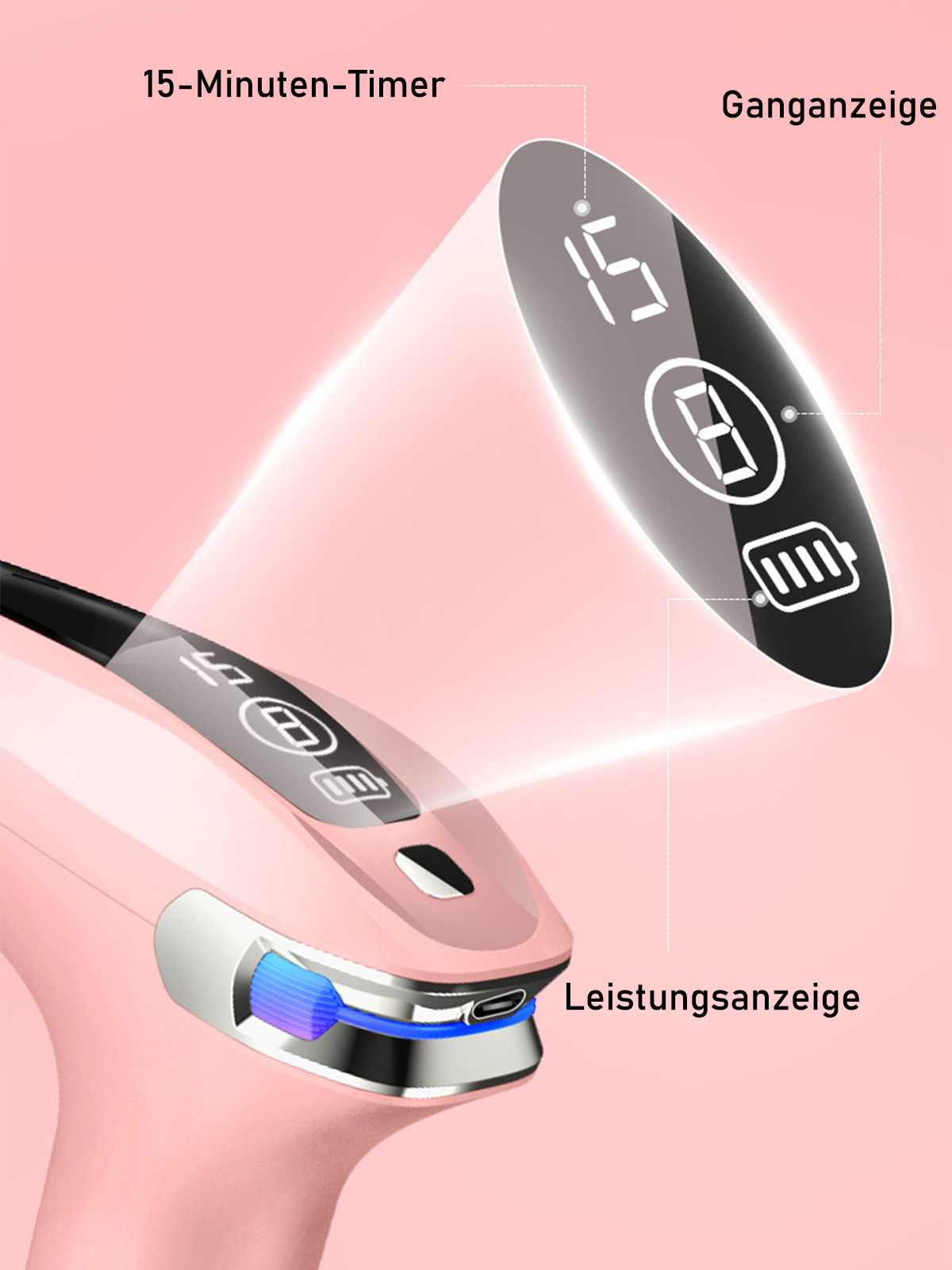 Nahaufnahme eines rosa Geräts mit digitaler Anzeige von Zeit und Akku.
