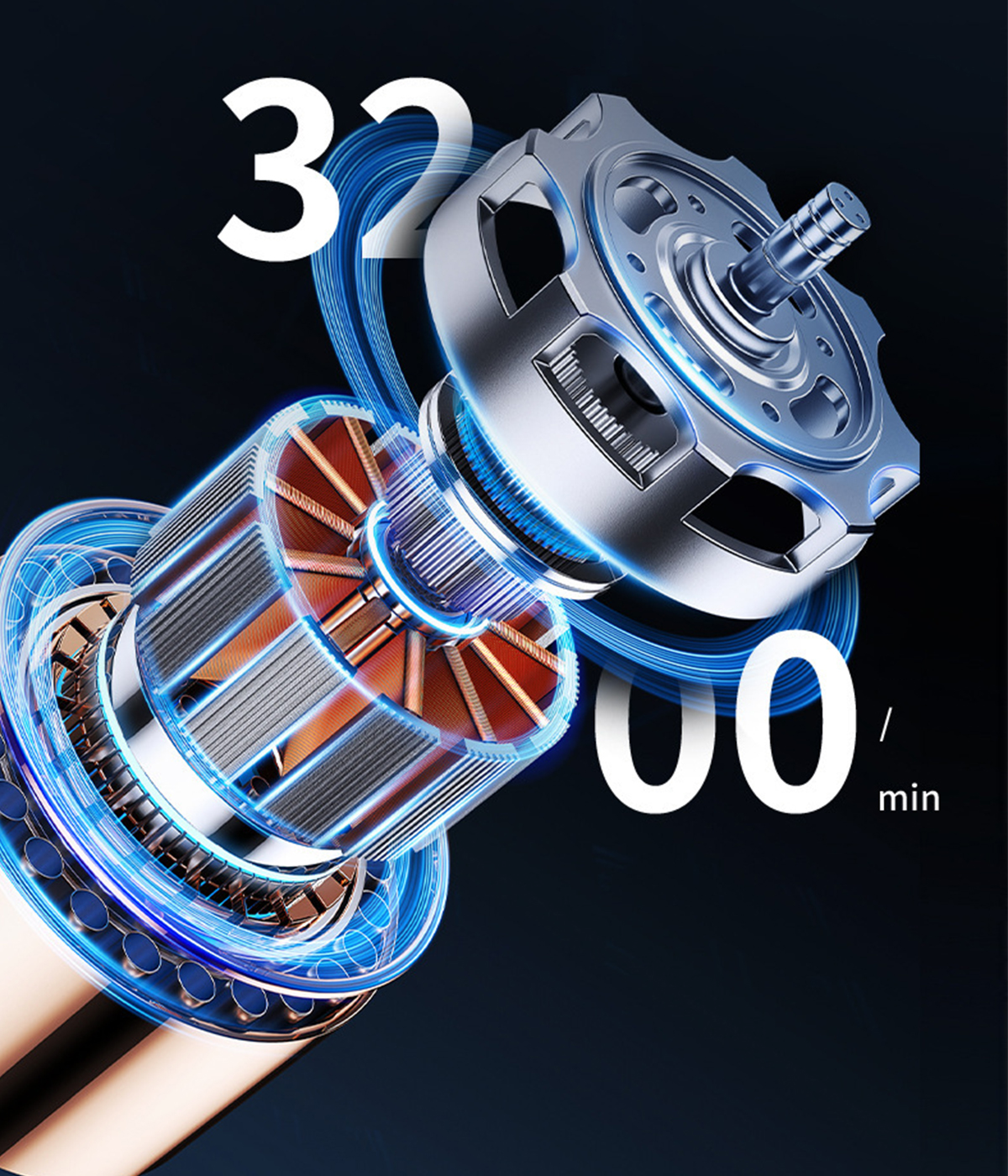 Nahaufnahme eines Motors mit silbernem Deckel, blauen Akzenten und der Zahl 3200/min.