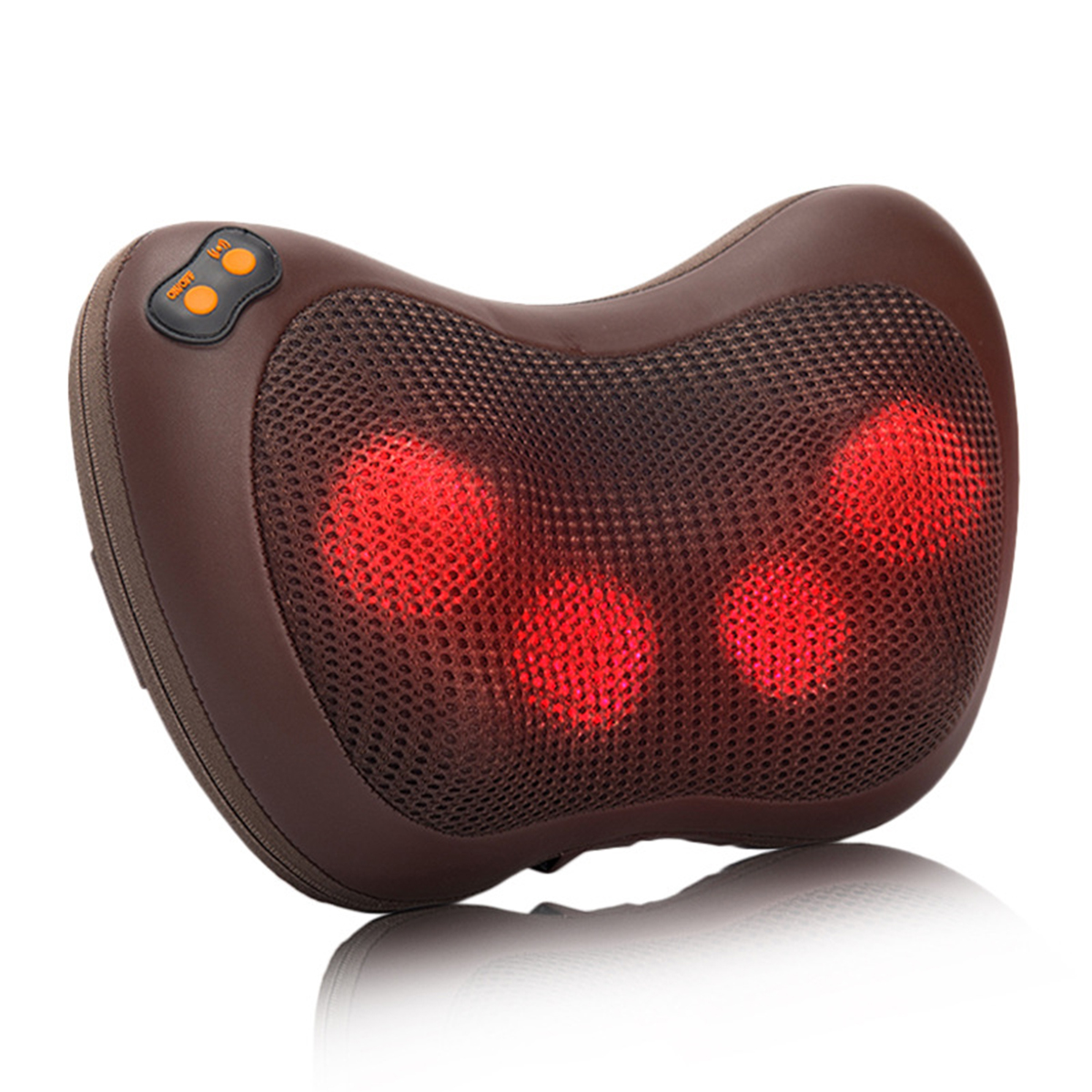 Braunes Massagekissen mit rot leuchtenden Massageknoten und Ein/Aus-Tasten.