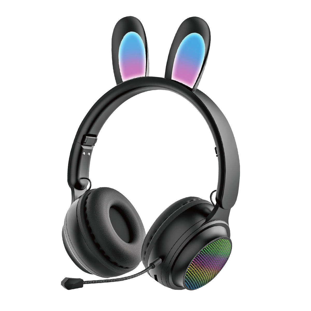Schwarze Kopfhörer mit Hasenohren-Stirnband. Bunte Ohrmuschel-Akzente.