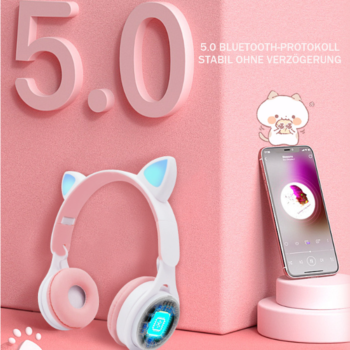 Kinder, Kopfhörer Bluetooth KINSI M6, Kinder Katzenohren, Over-ear Blau